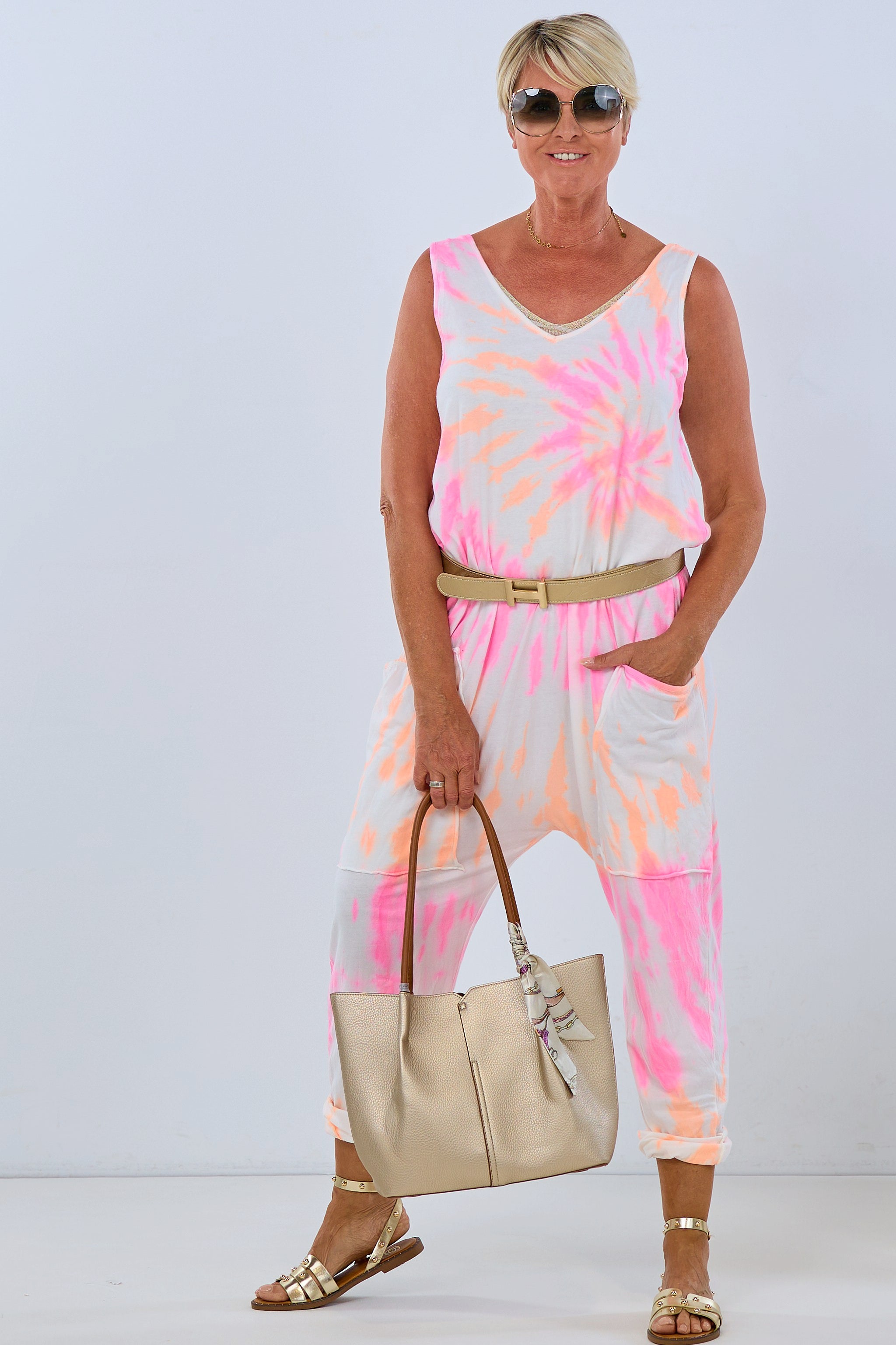 Baggy Jumpsuit NEON Batik, ecru-orange-pink
