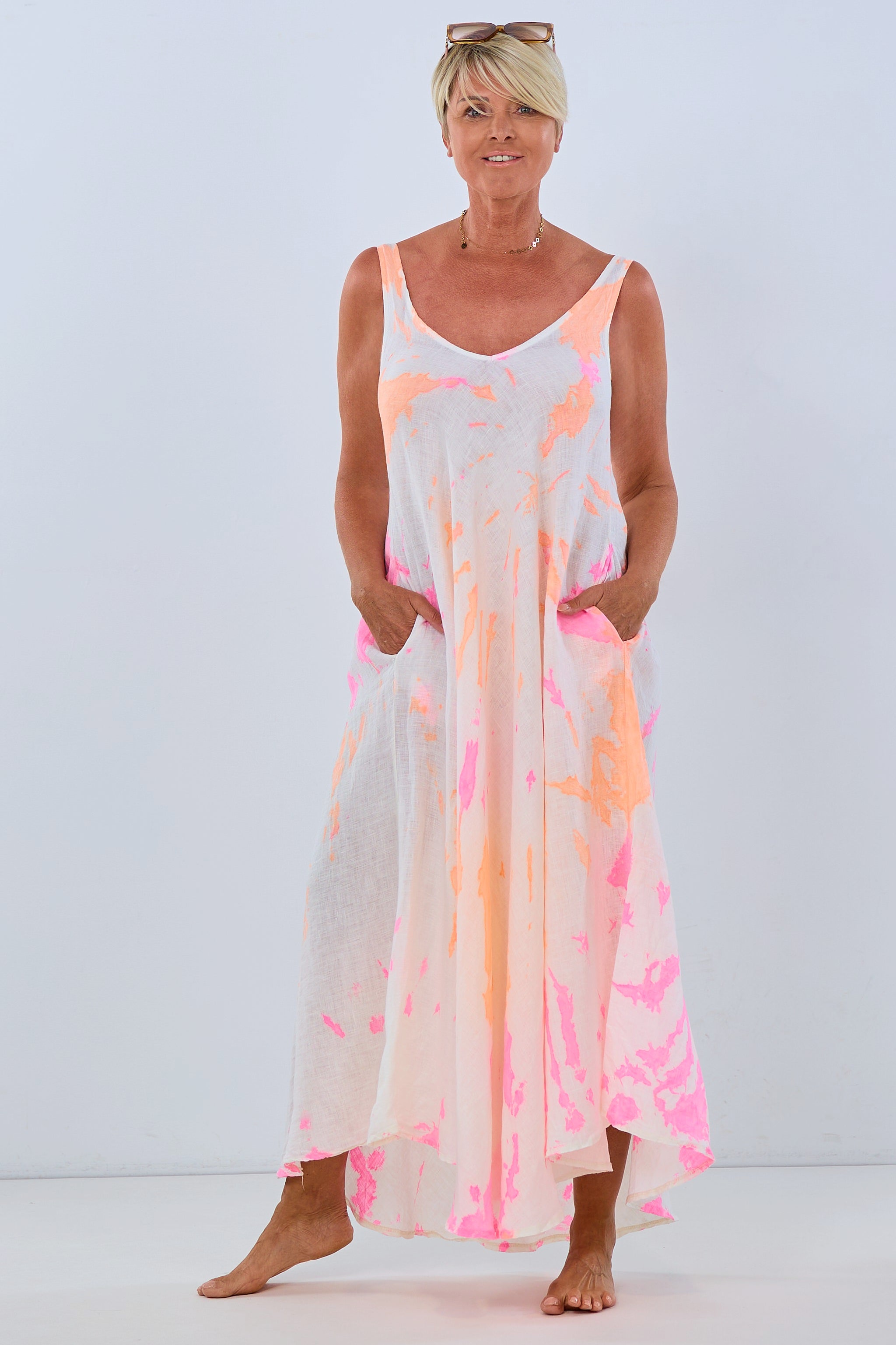 Linen Dress NEON Batik, ecru-orange-pink