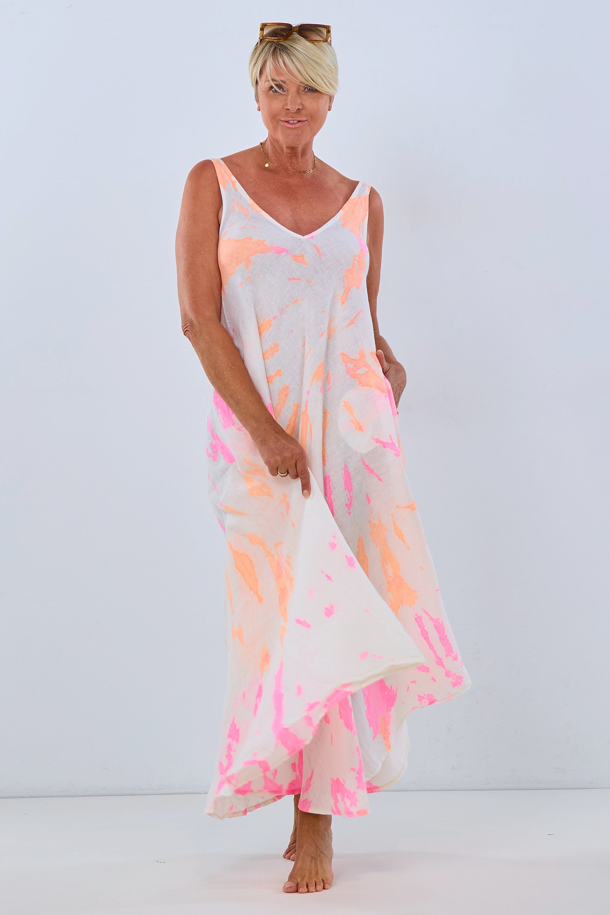 Linen Dress NEON Batik, ecru-orange-pink