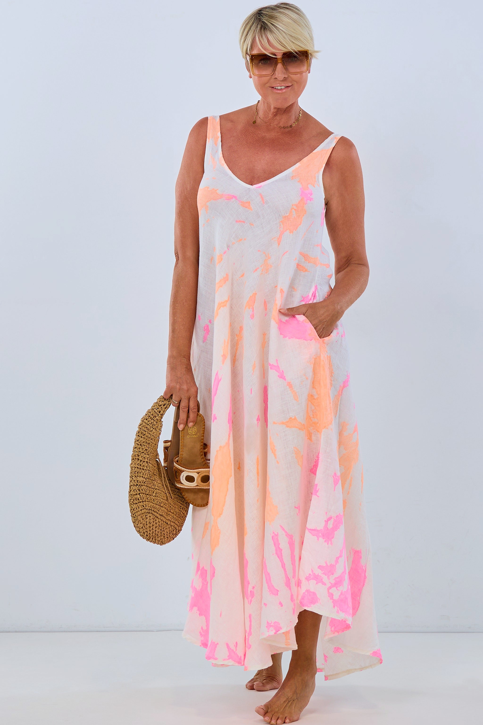 Linen Dress NEON Batik, ecru-orange-pink
