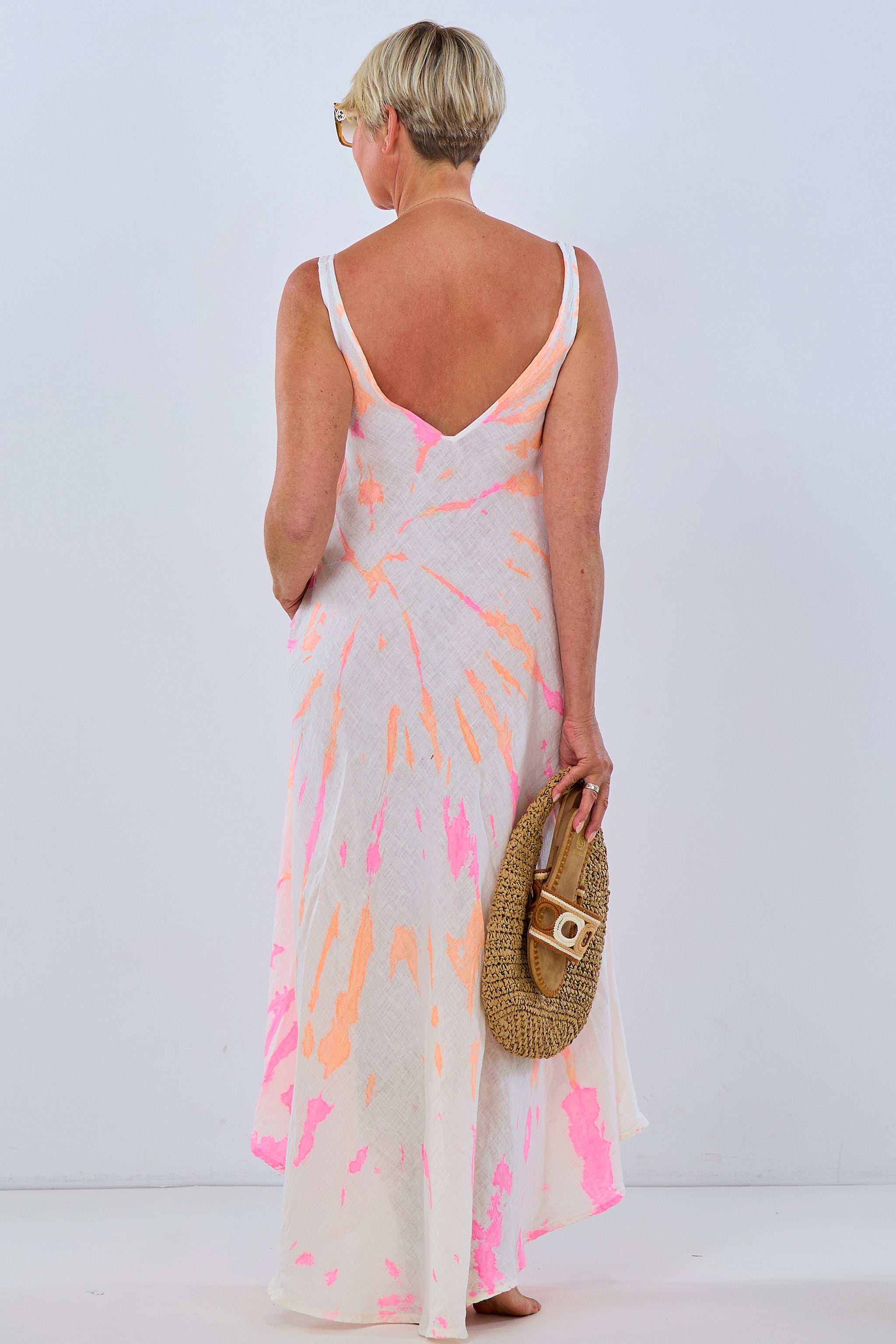 Linen Dress NEON Batik, ecru-orange-pink