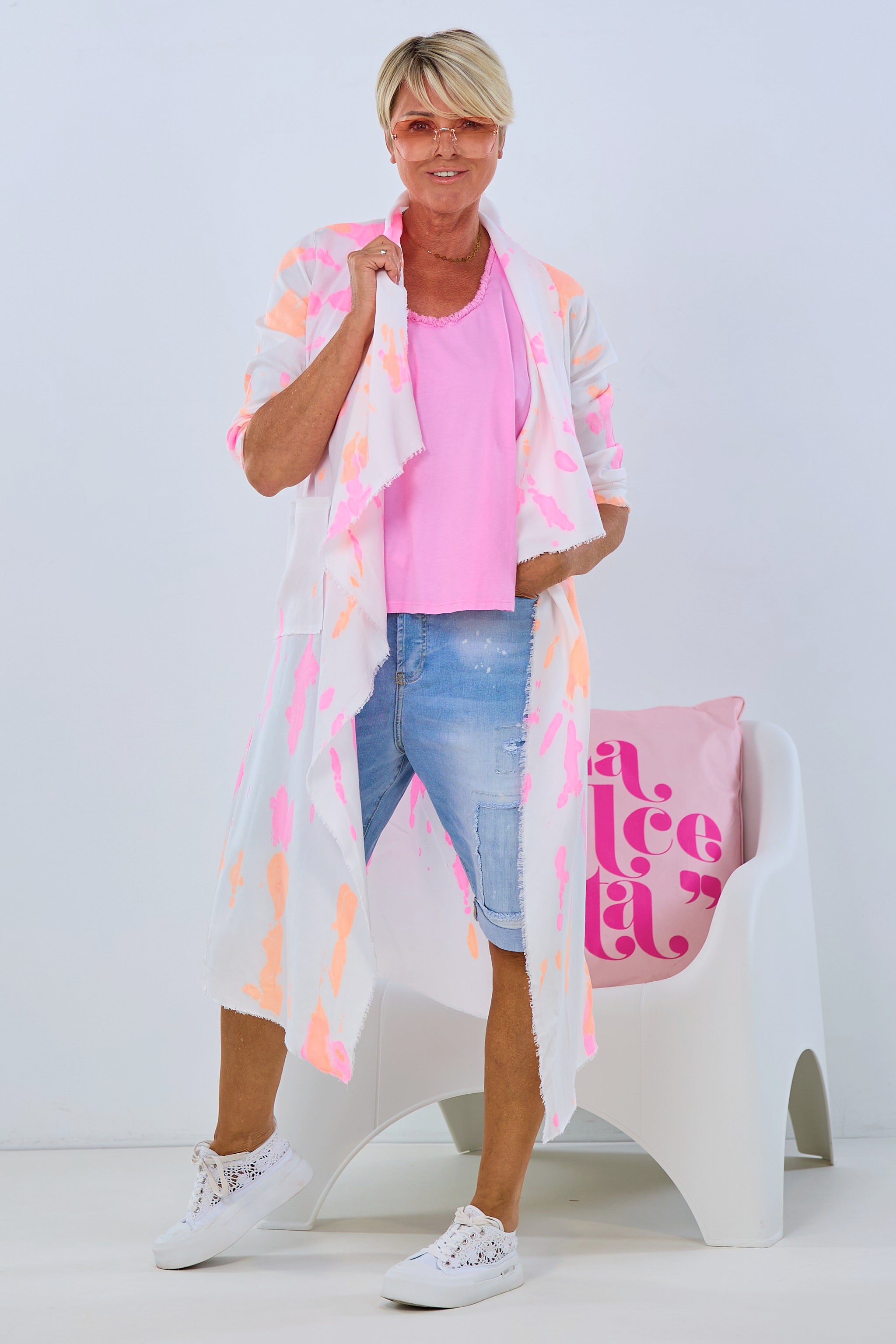 Long coat NEON Batic, ecru-orange-pink