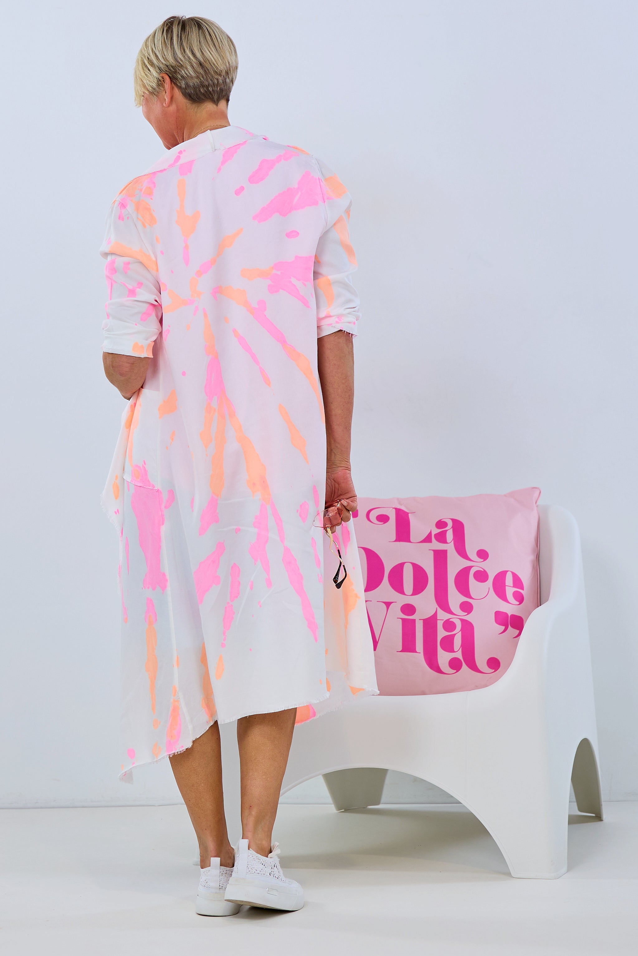 Long coat NEON Batic, ecru-orange-pink