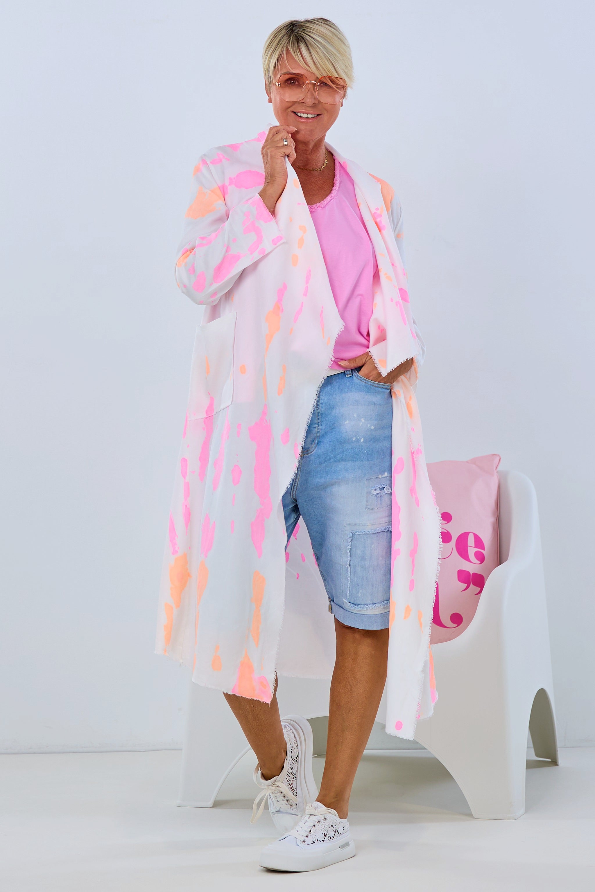 Long coat NEON Batic, ecru-orange-pink