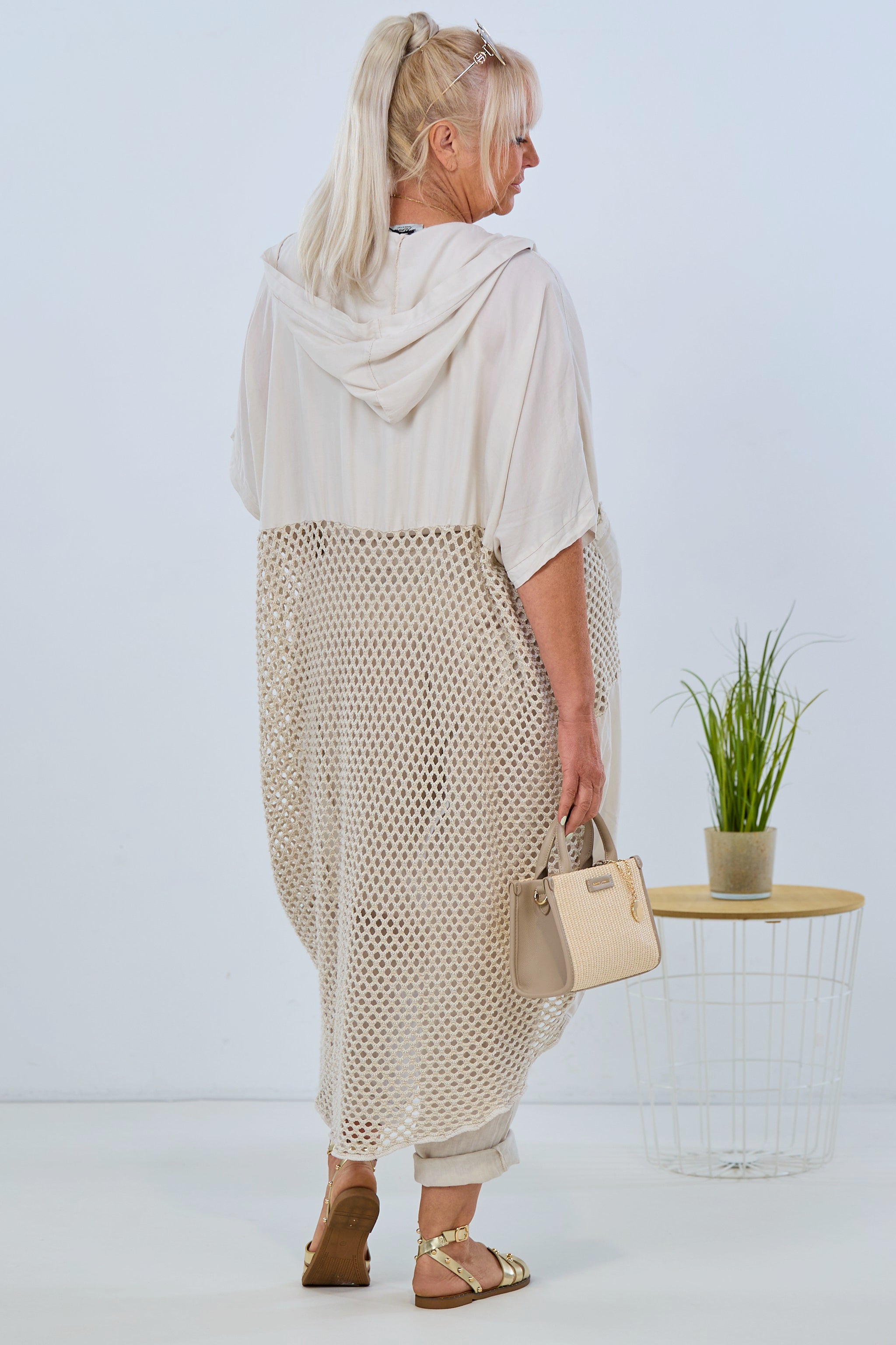 Long jacket with openwork knit, beige