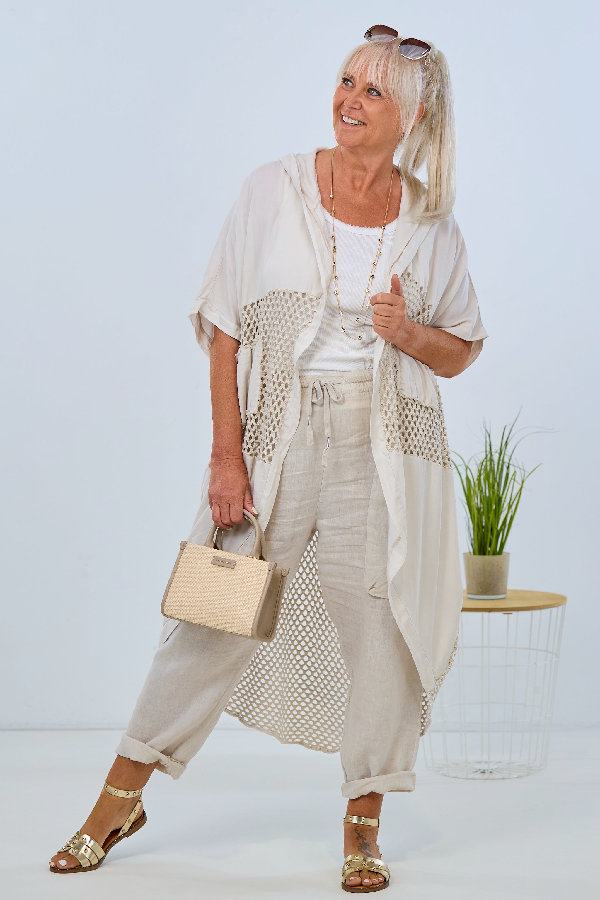 Long jacket with openwork knit, beige