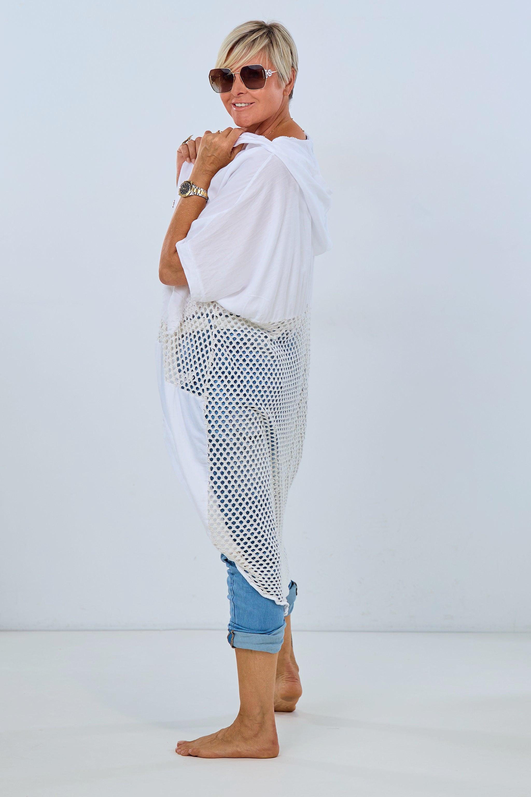 Long jacket with openwork knit, white-cream