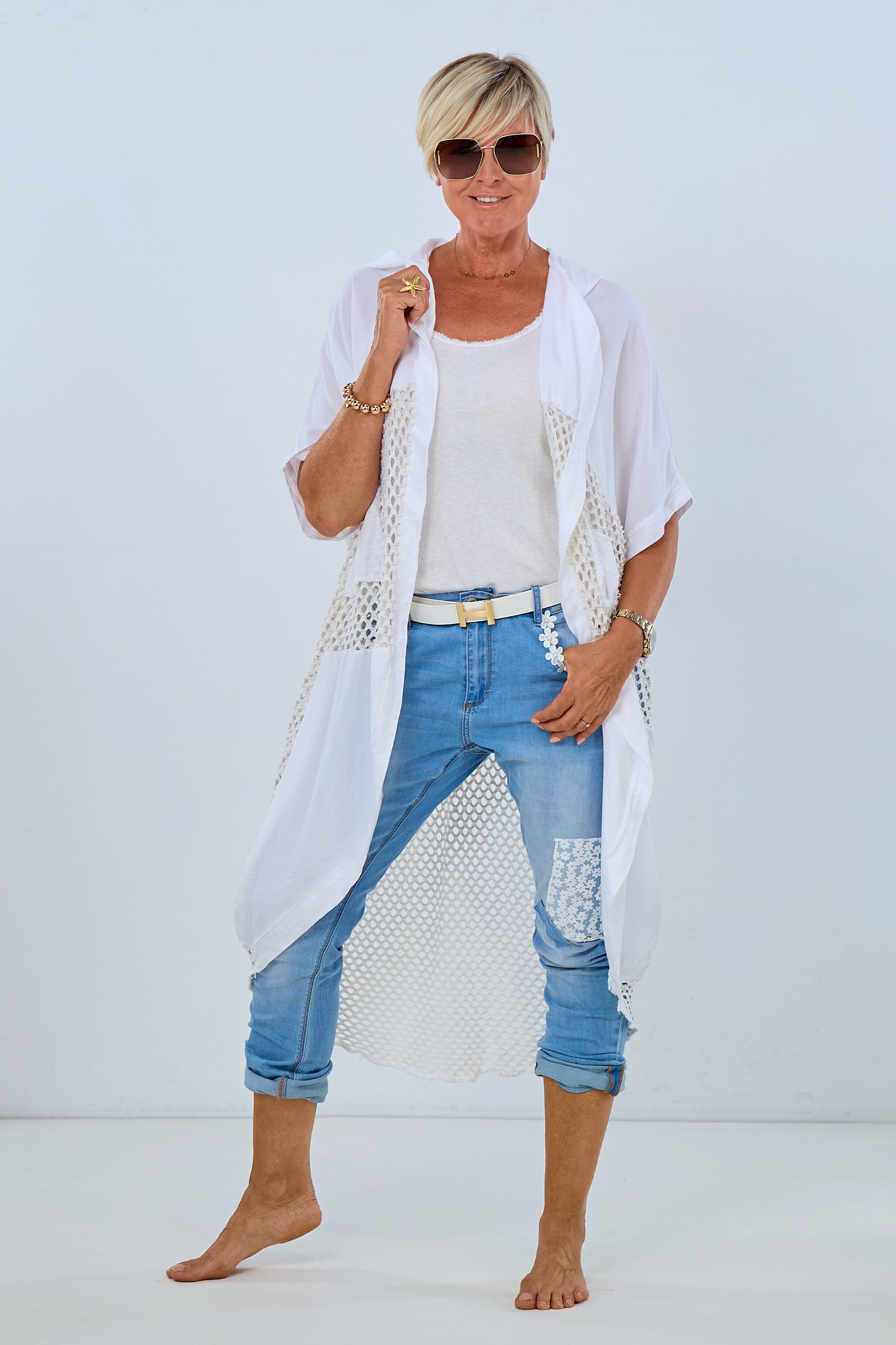 Long jacket with openwork knit, white-cream