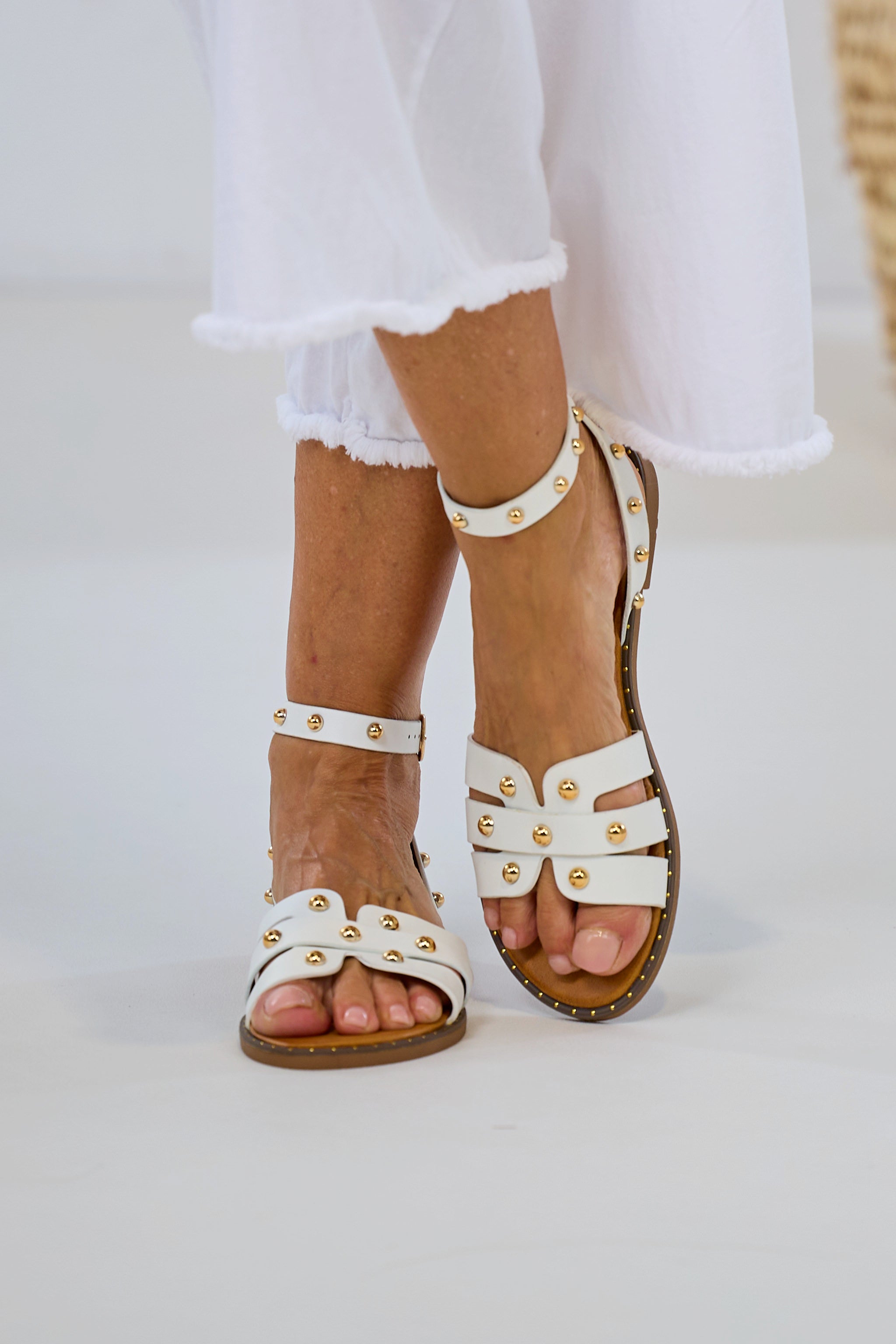 flat sandal with studs, white