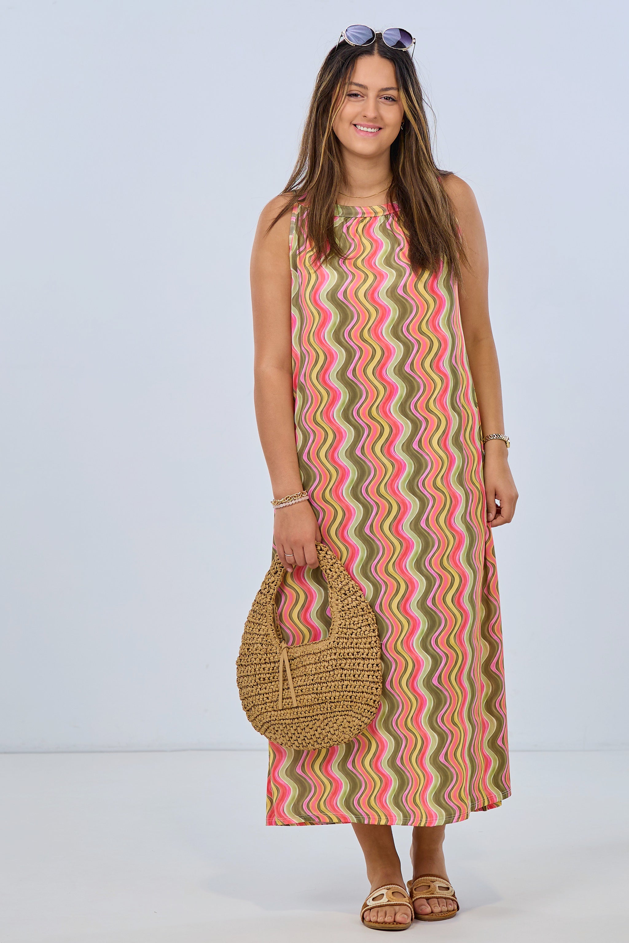 Long halter dress with retro pattern, khaki-pink-yellow