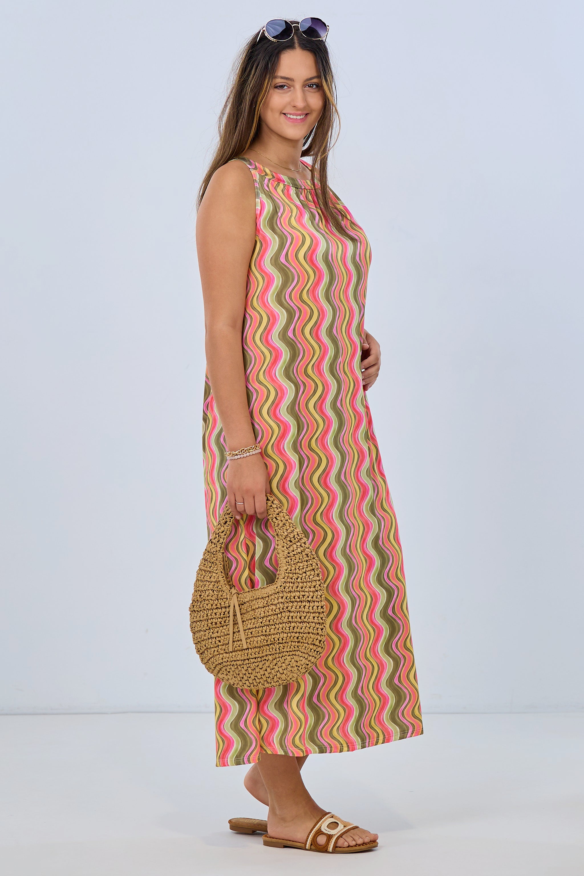 Long halter dress with retro pattern, khaki-pink-yellow