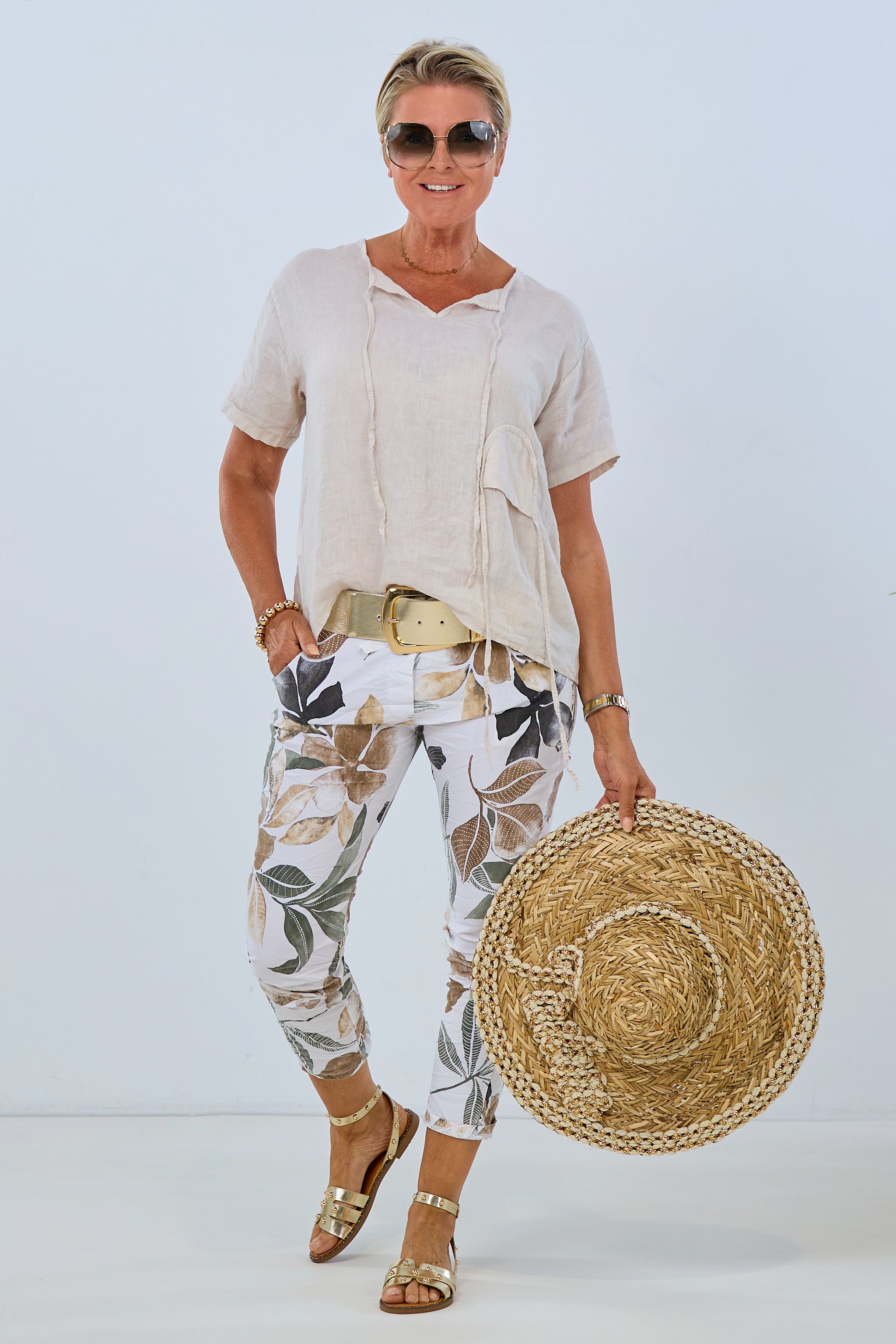 Pants with beautiful leaf motifs, ecru-brown