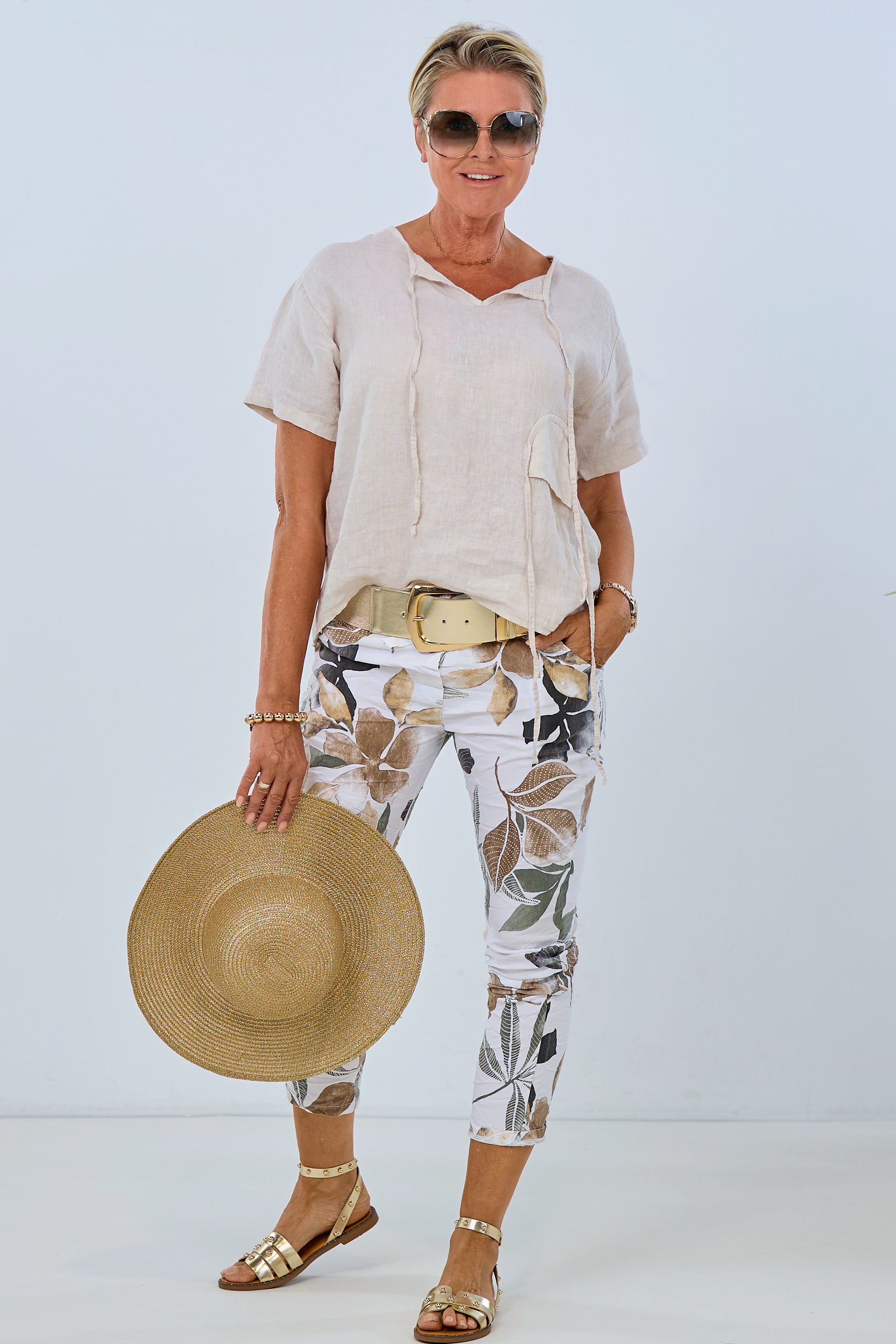 Pants with beautiful leaf motifs, ecru-brown