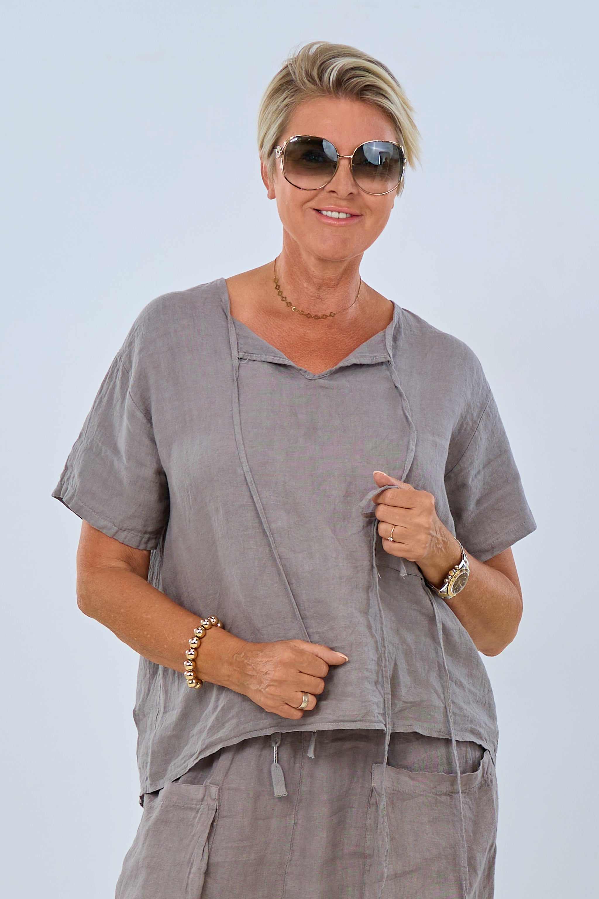 Simple short-sleeve linen blouse, taupe