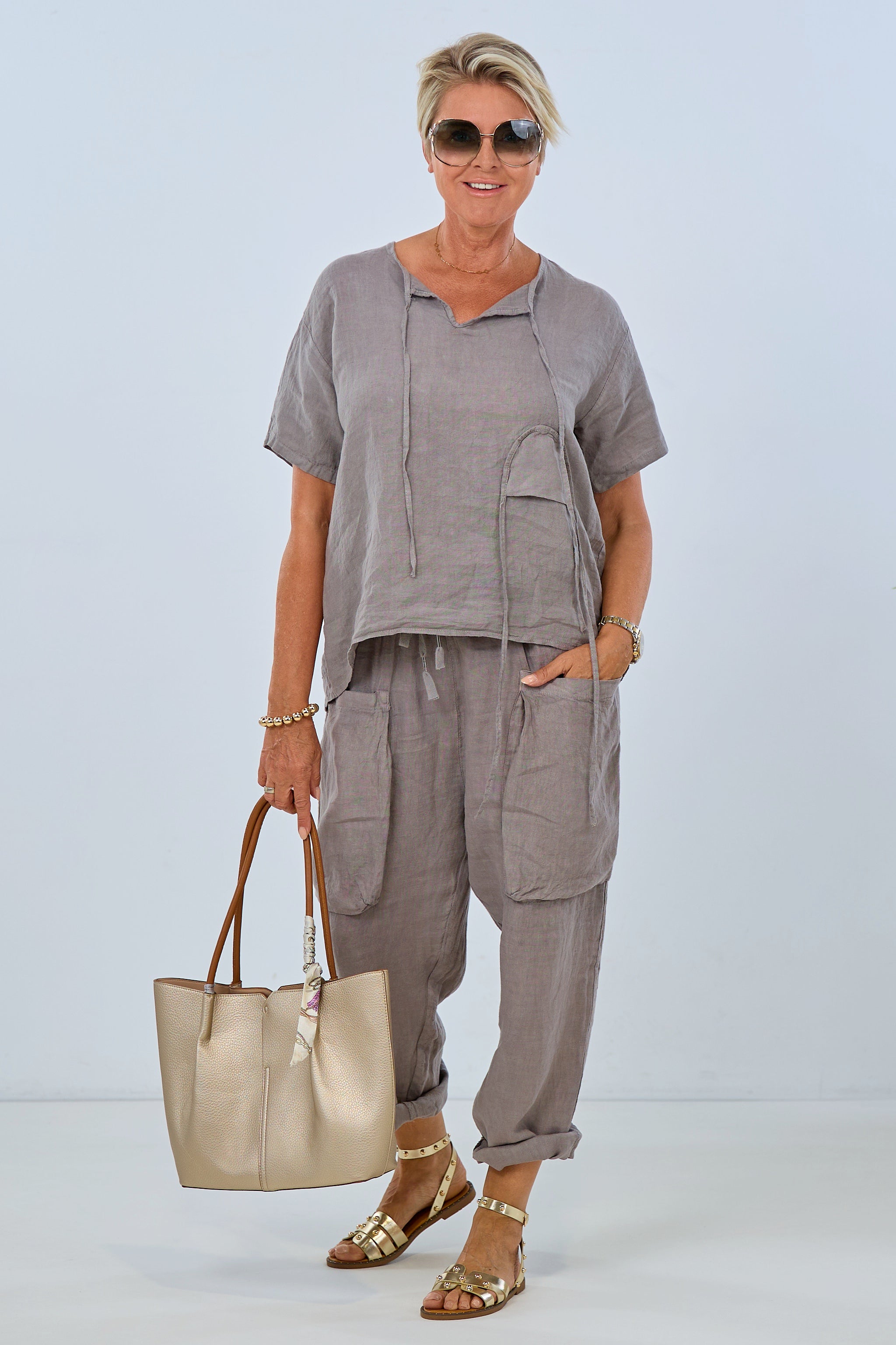 Wide linen pants with large pockets, taupe