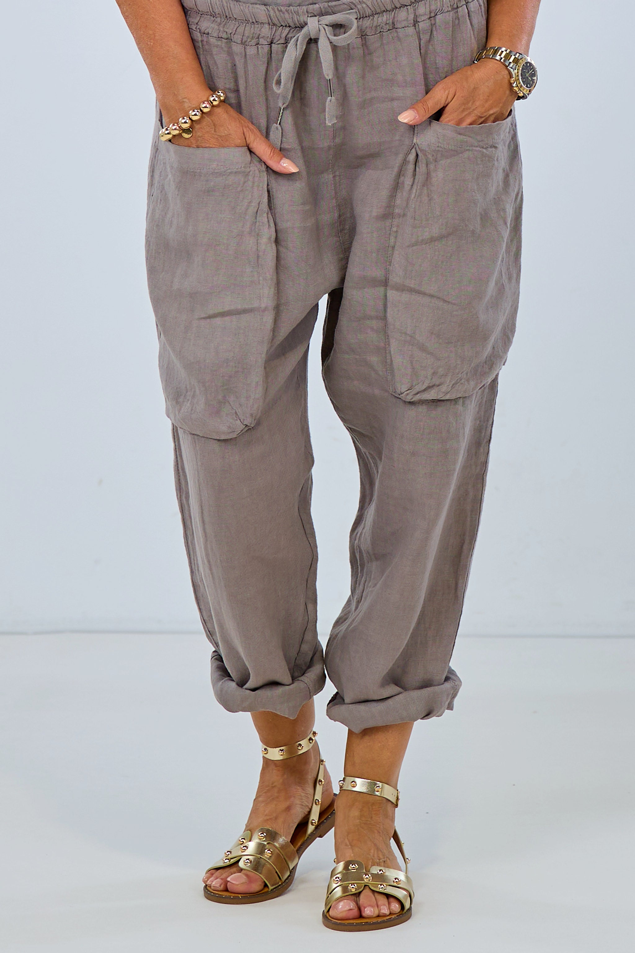 Wide linen pants with large pockets, taupe