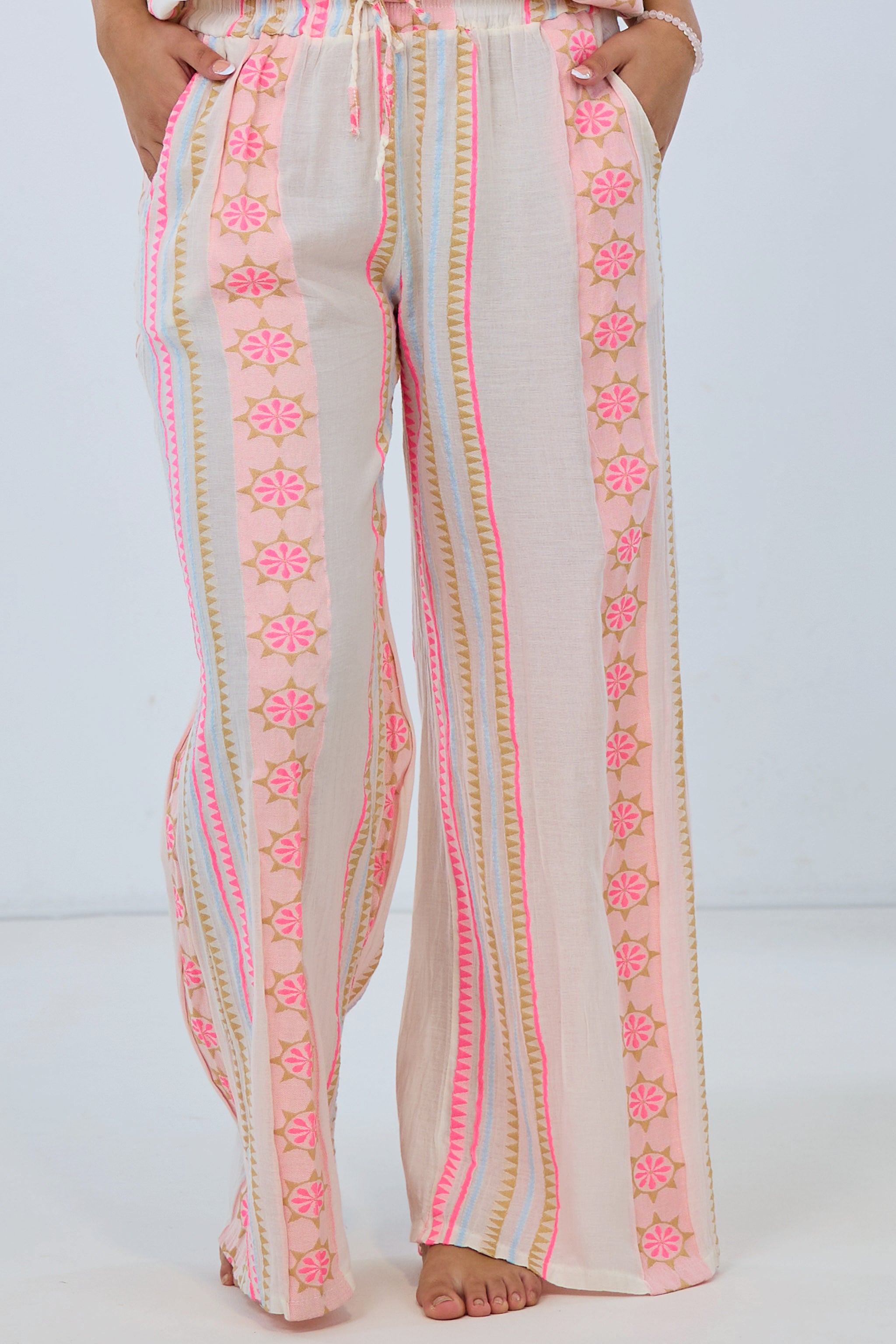 Pants with woven pattern, ecru-pink