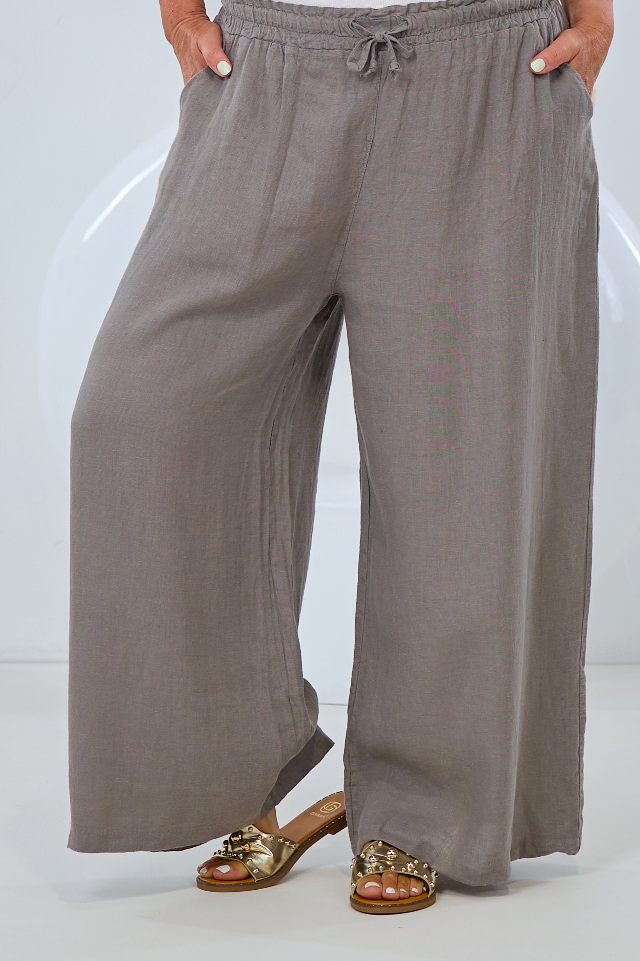 Leinenhose mit weitem Bein, taupe