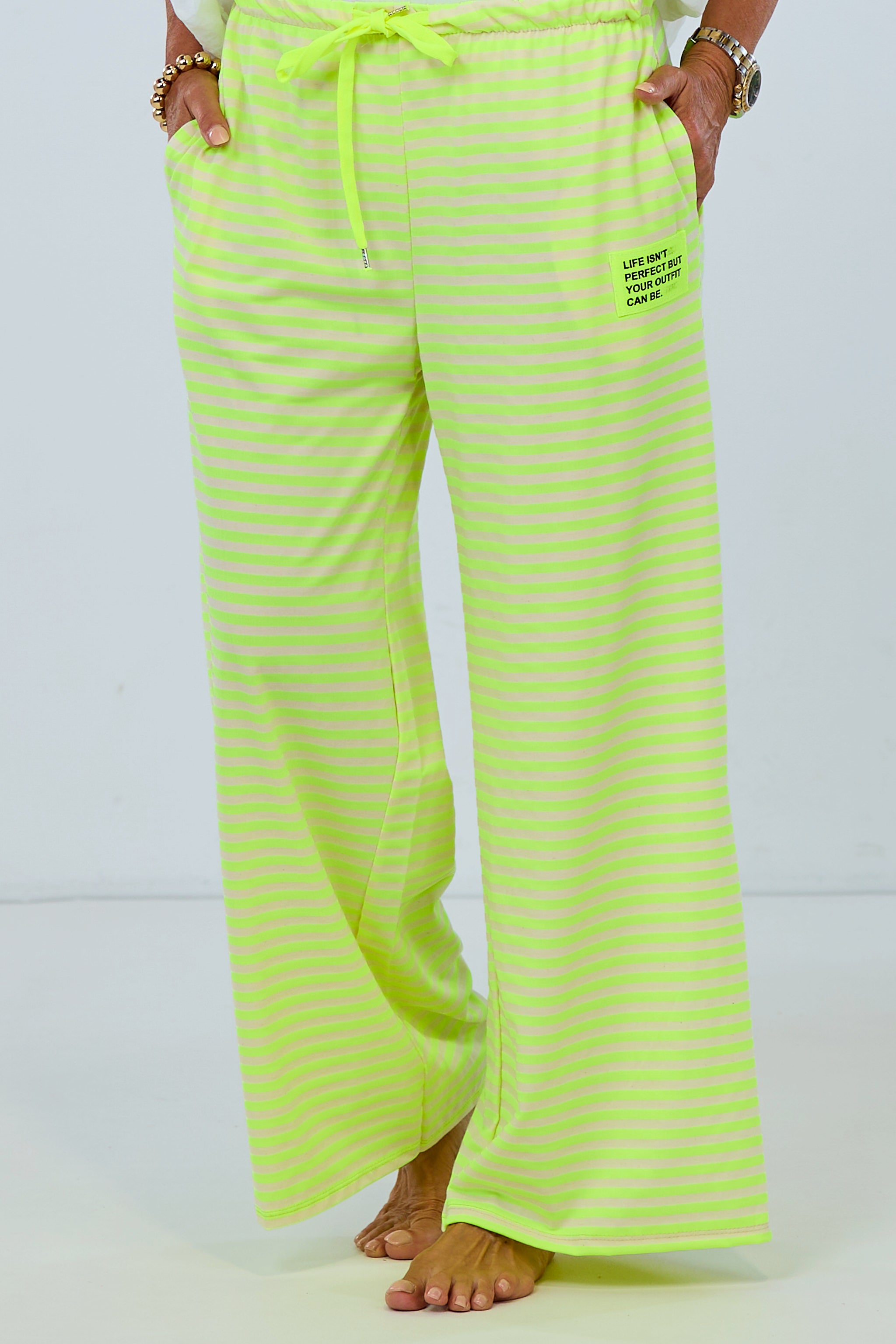 Striped pants, neon yellow-pink
