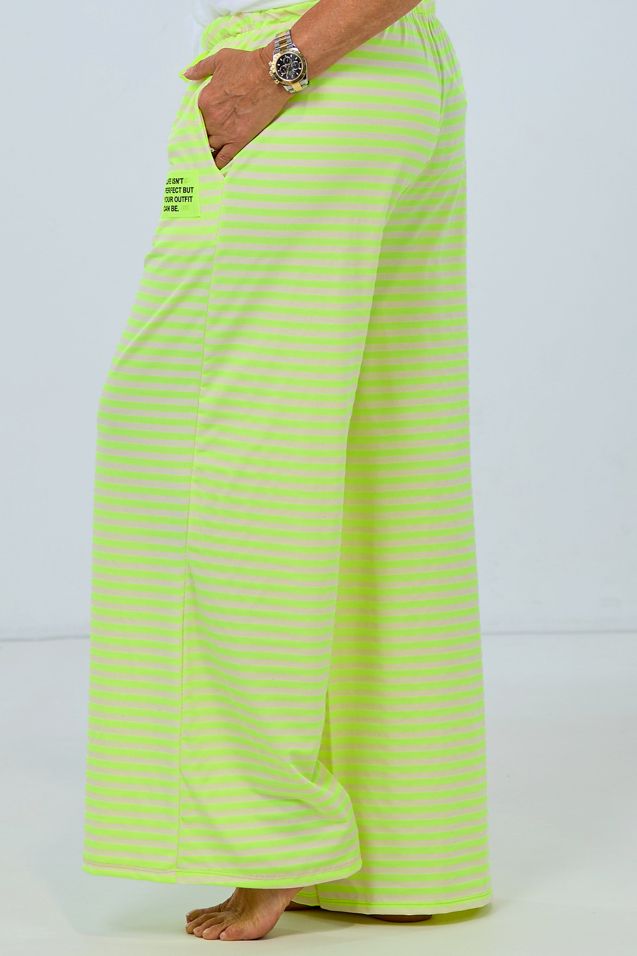 Striped pants, neon yellow-pink