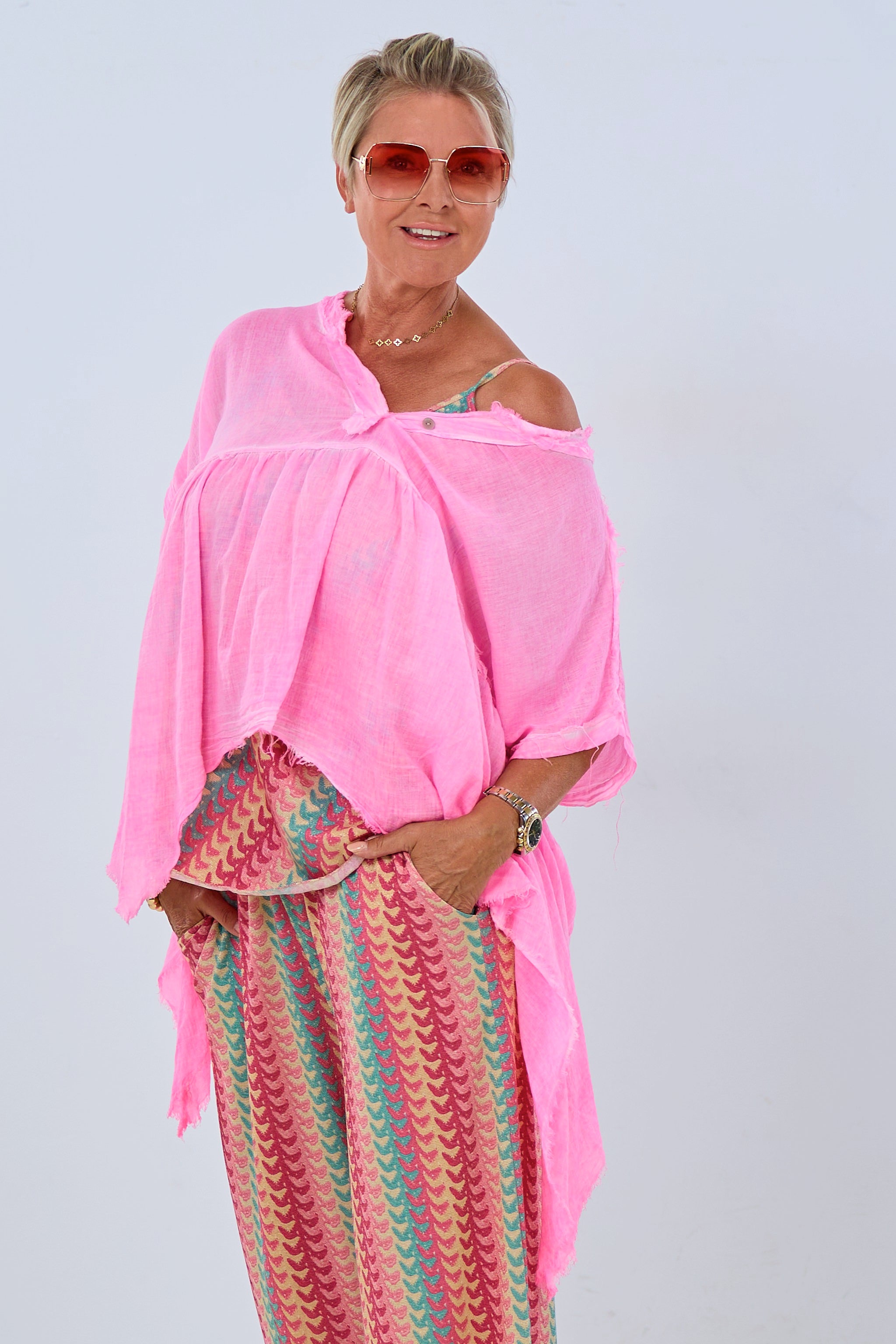 airy blouse with side tails, pink