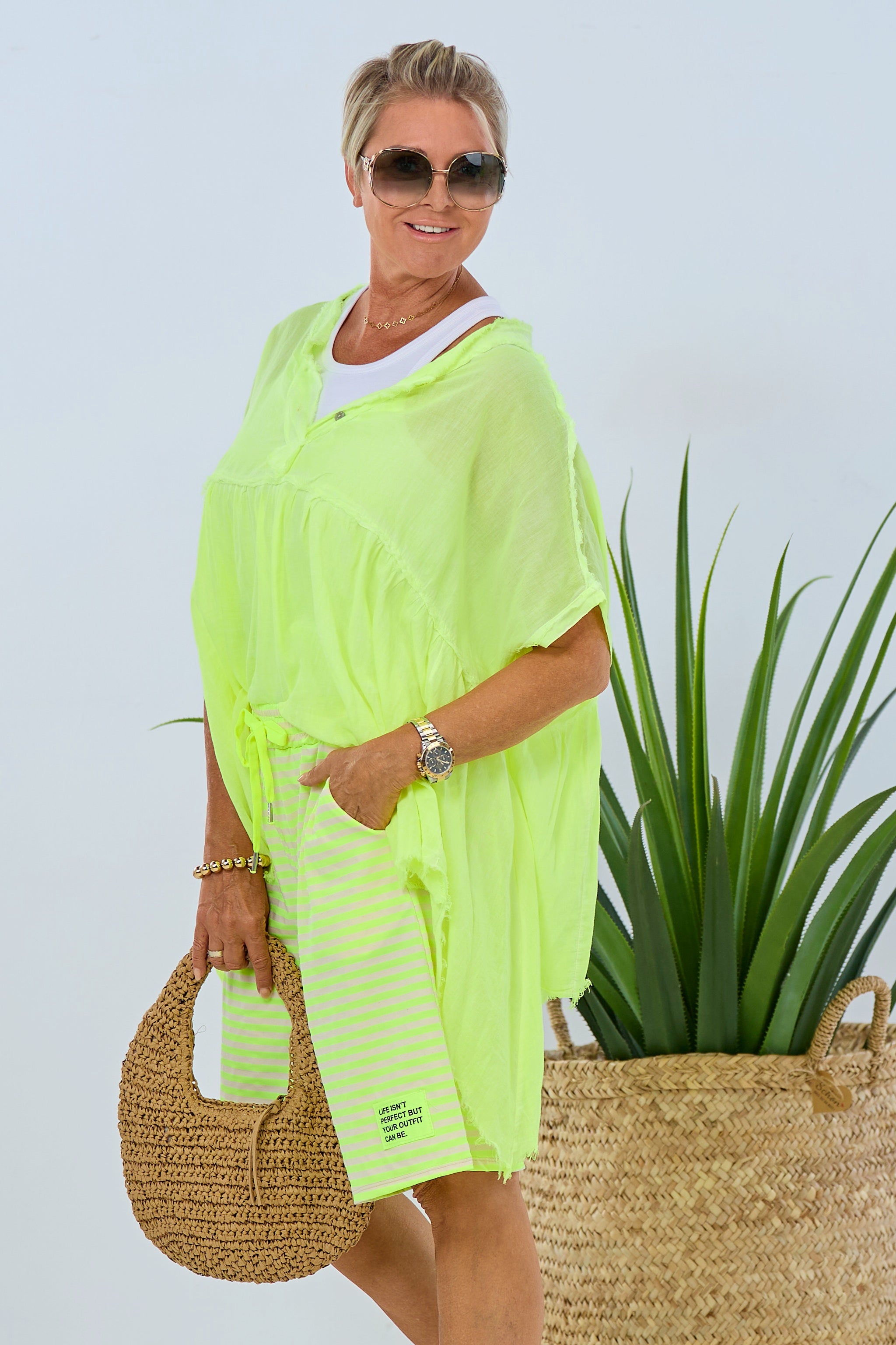 airy blouse with side tails, neon yellow