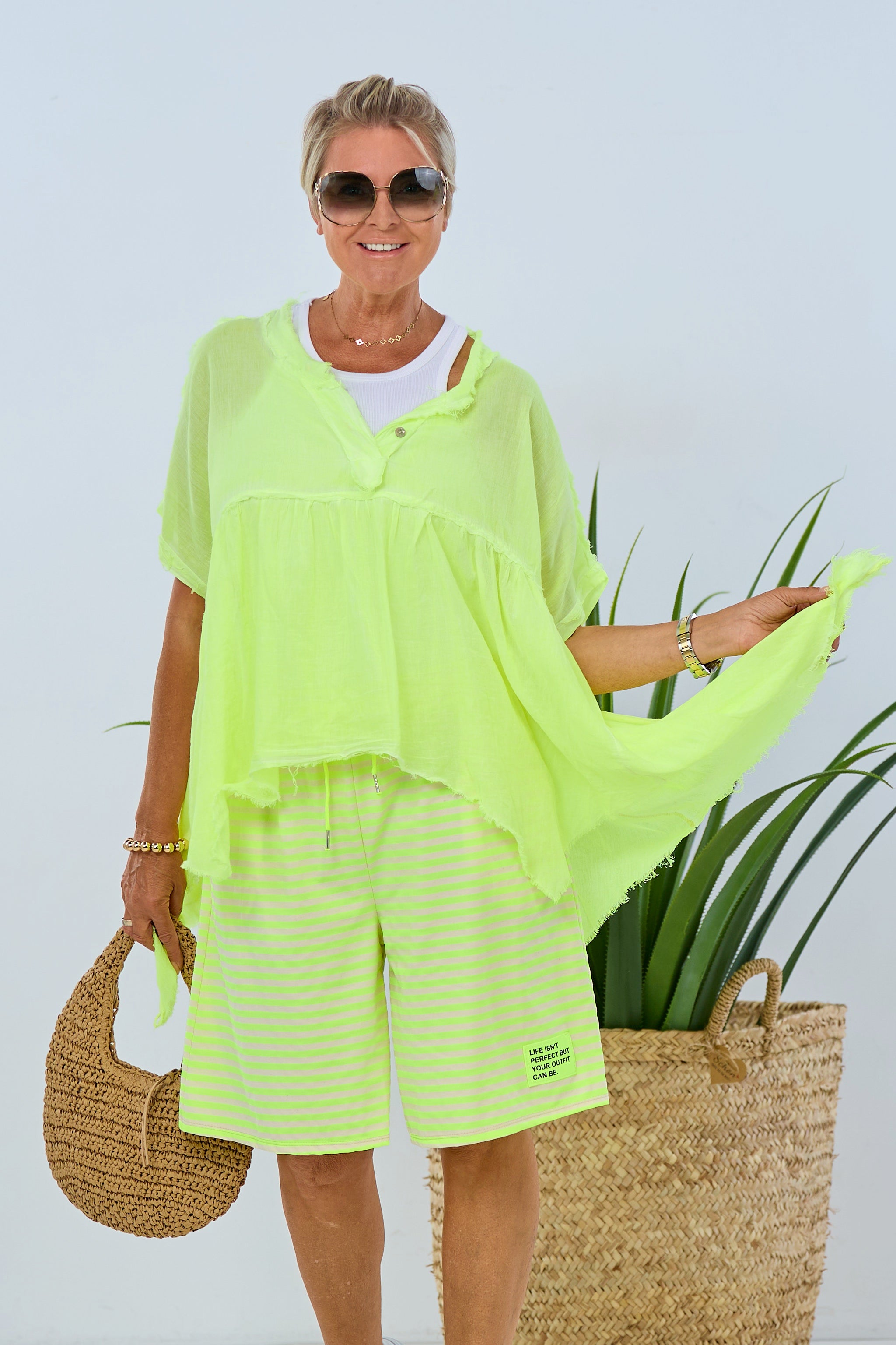 airy blouse with side tails, neon yellow