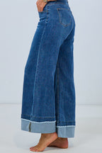 Highwaist Jeans mit breitem Aufschlag, denim blue
