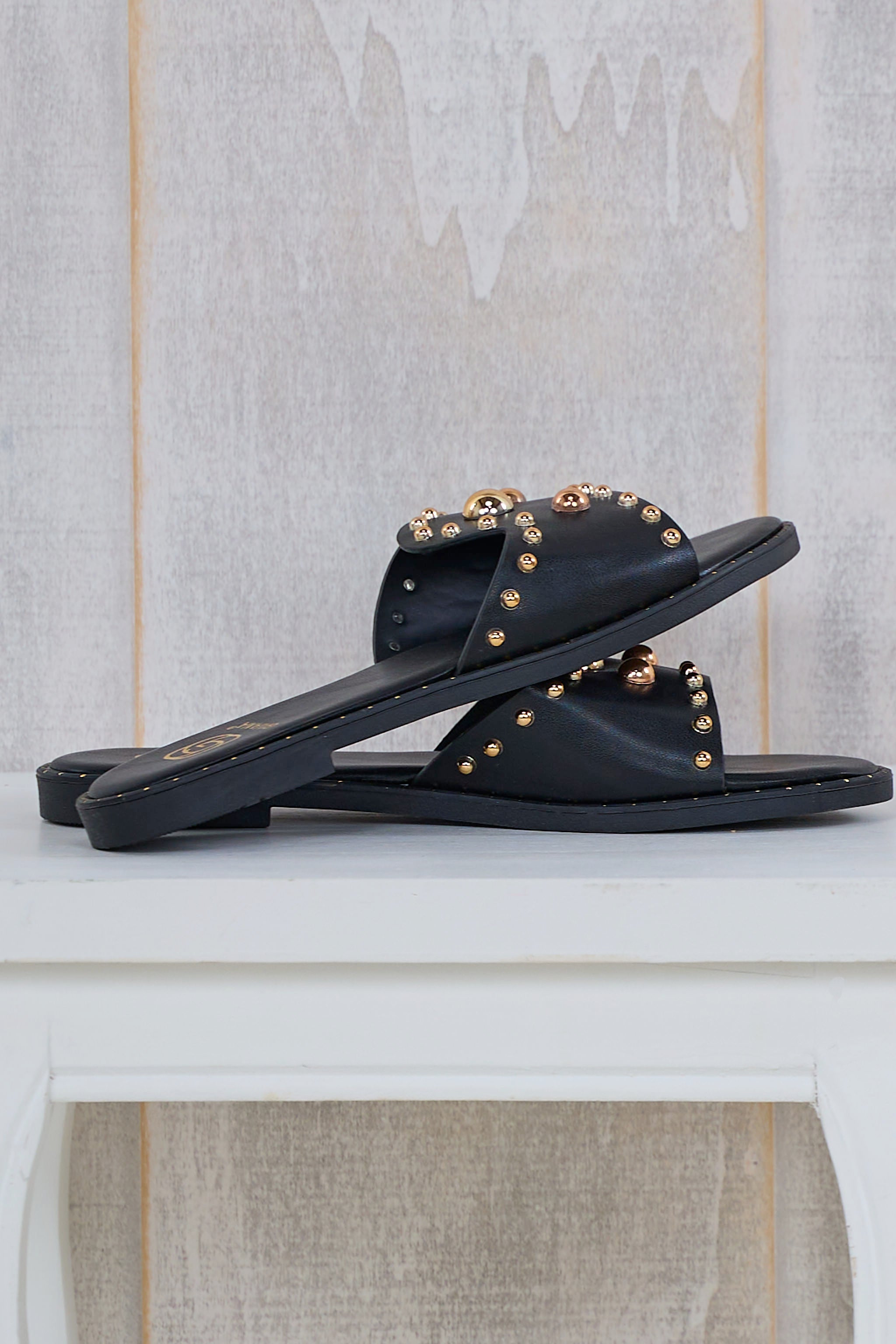 Sommer Pantolette, schwarz-gold