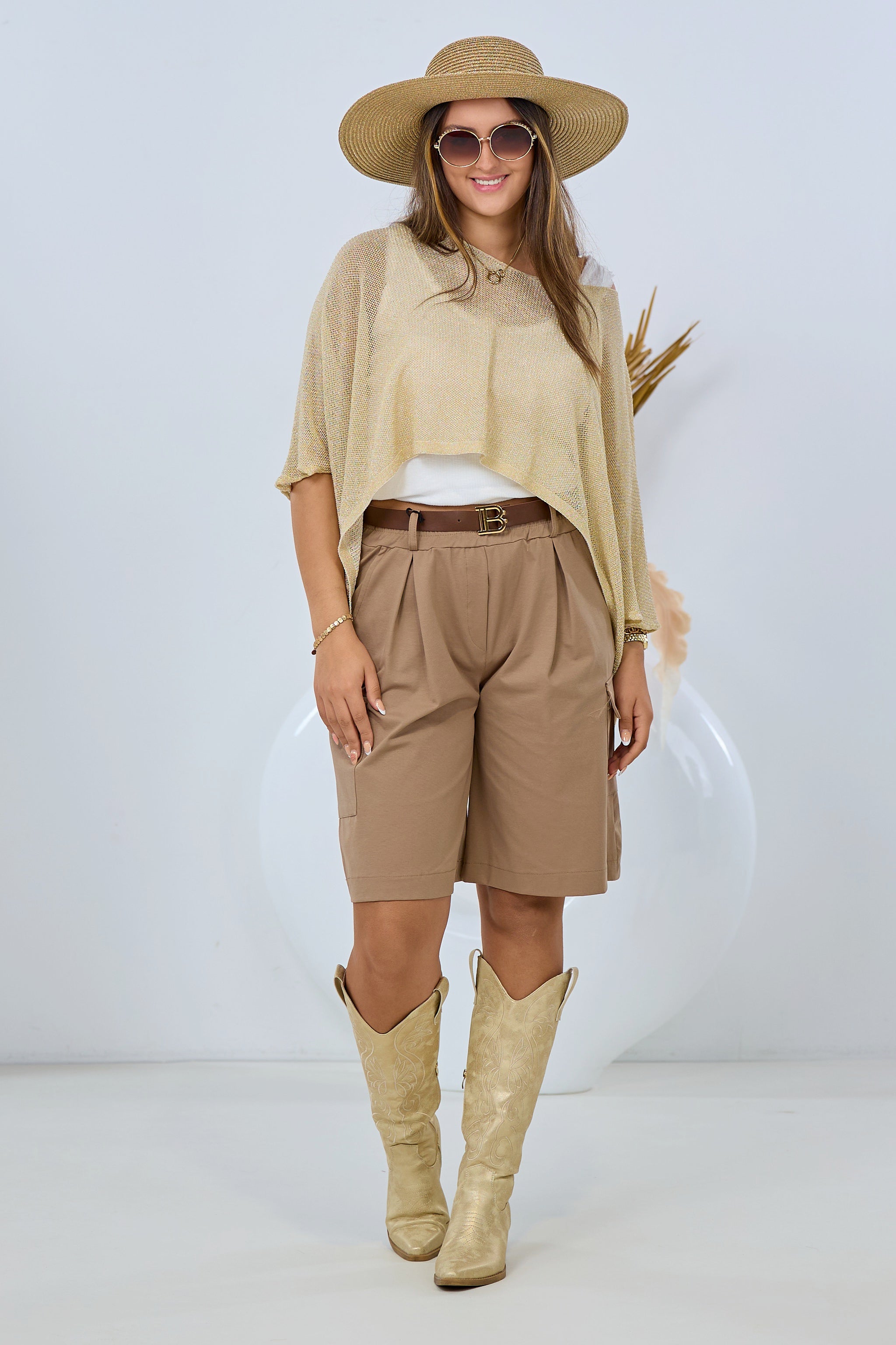 Cargo-Shorts mit elastischem Bund und Gürtel, camel