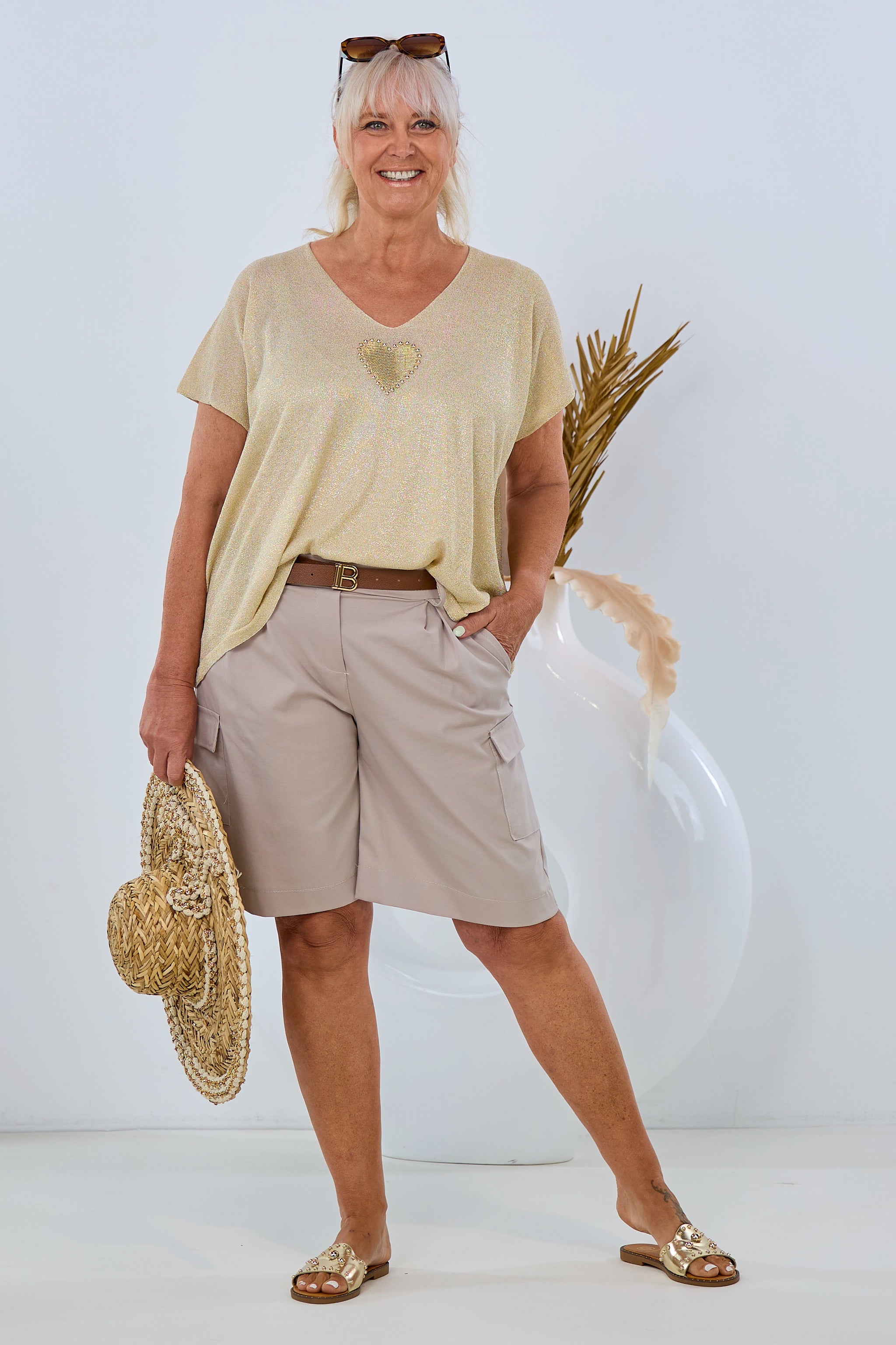 Cargo-Shorts mit elastischem Bund und Gürtel, taupe