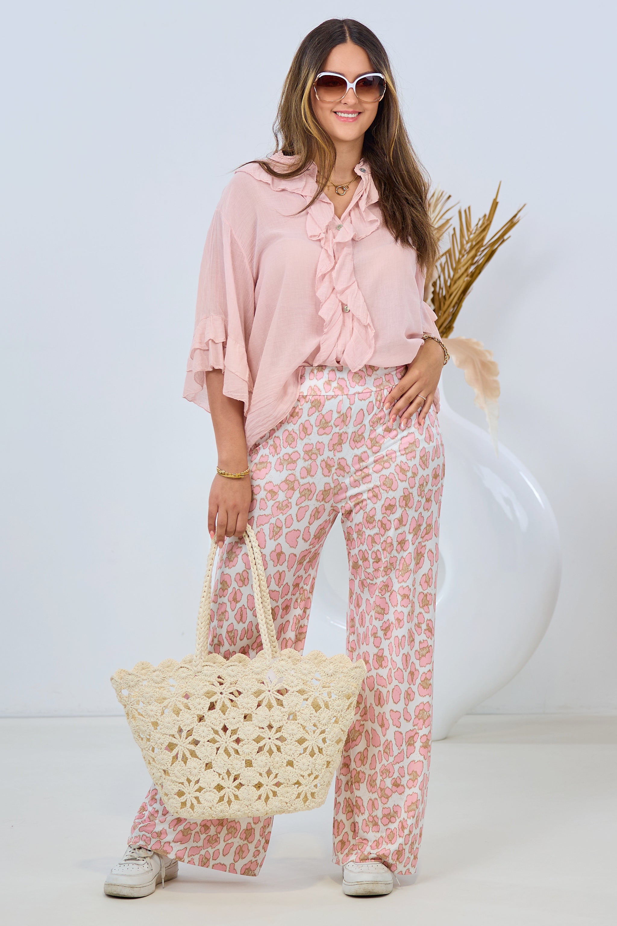 weich fallende Hose mit Phantasy-Muster, rosa-gold-ecru