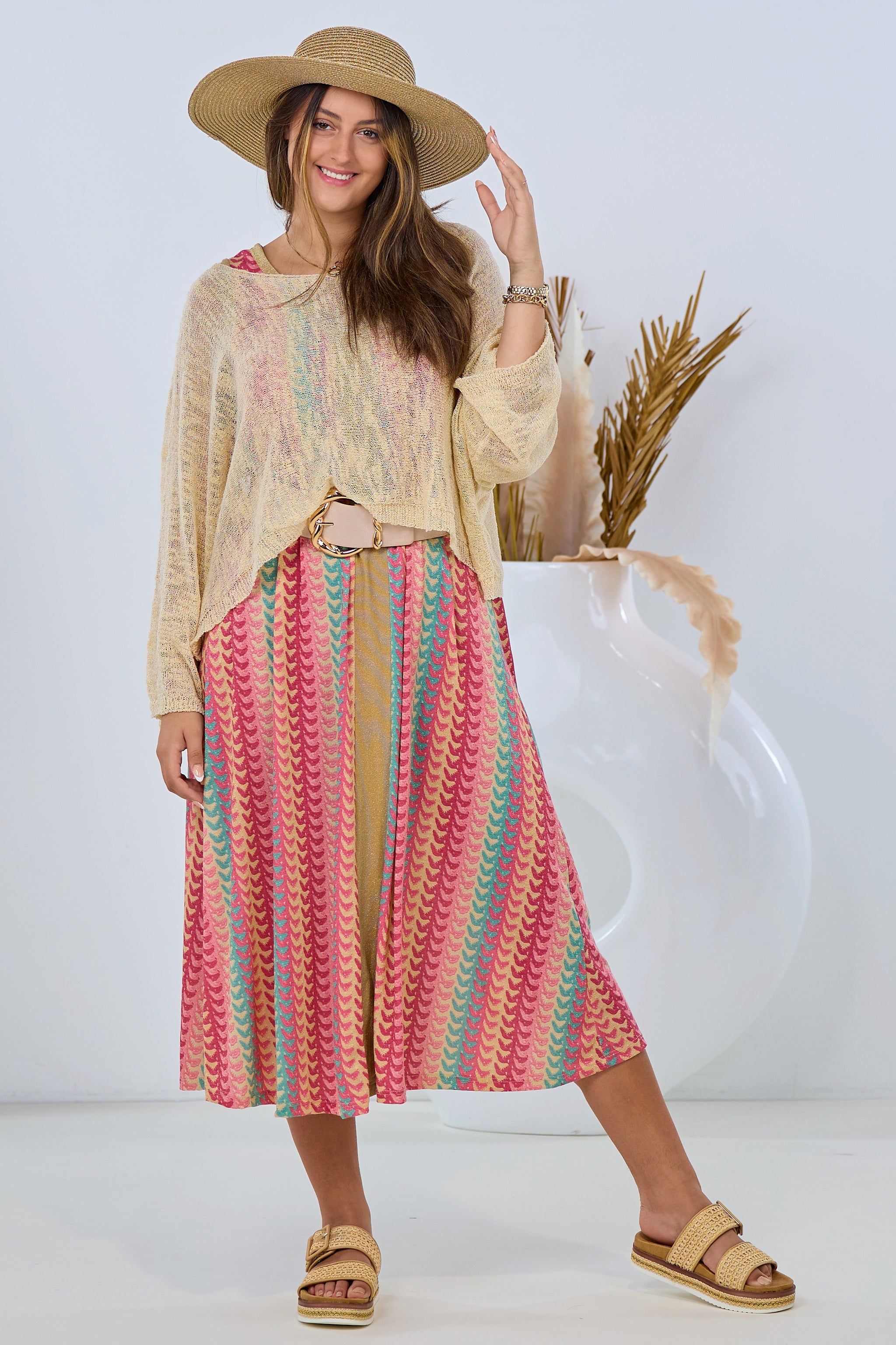 Kleid mit Retromuster, rosa-bunt-gold