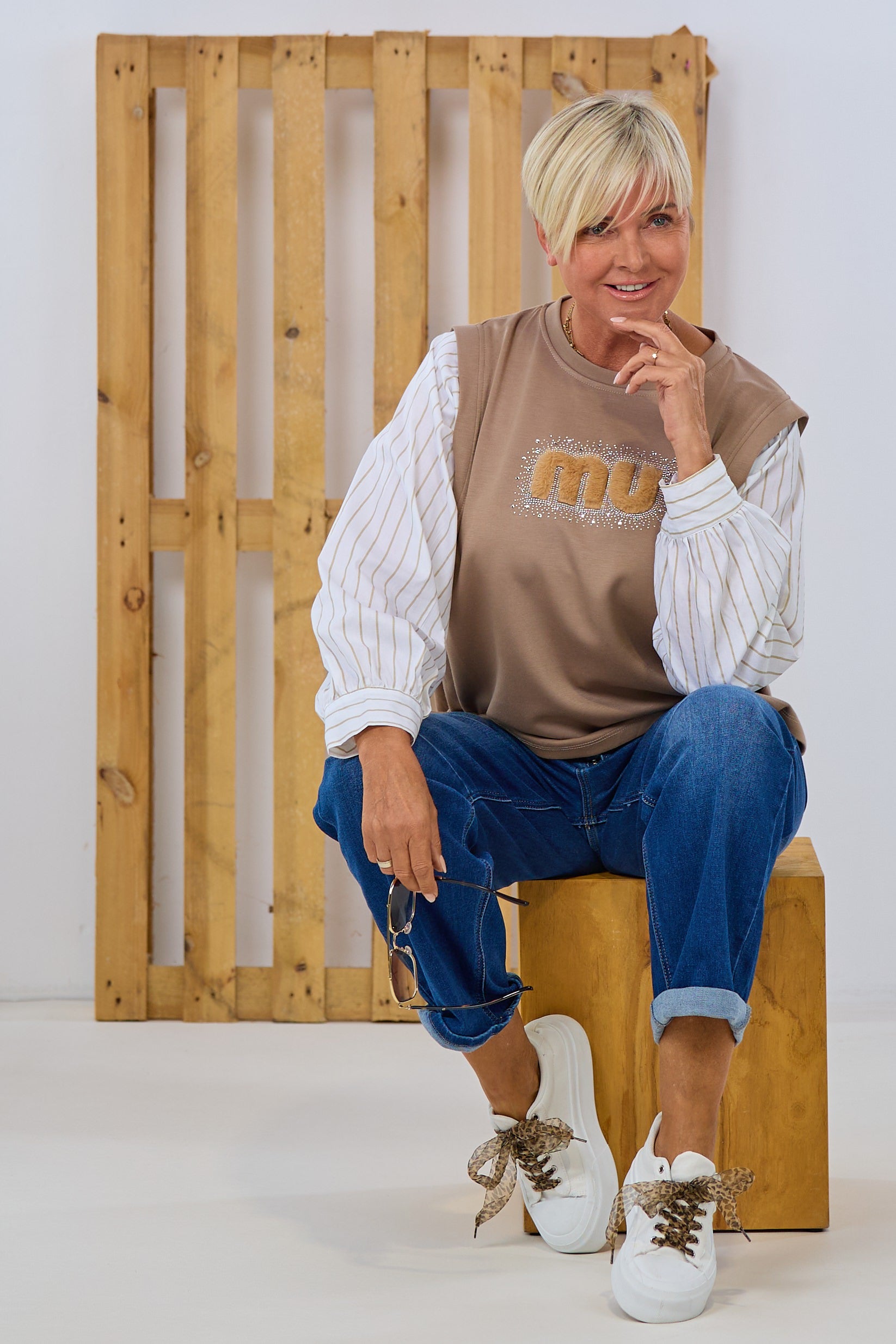 Shirt mit Blusenärmeln, taupe-ecru
