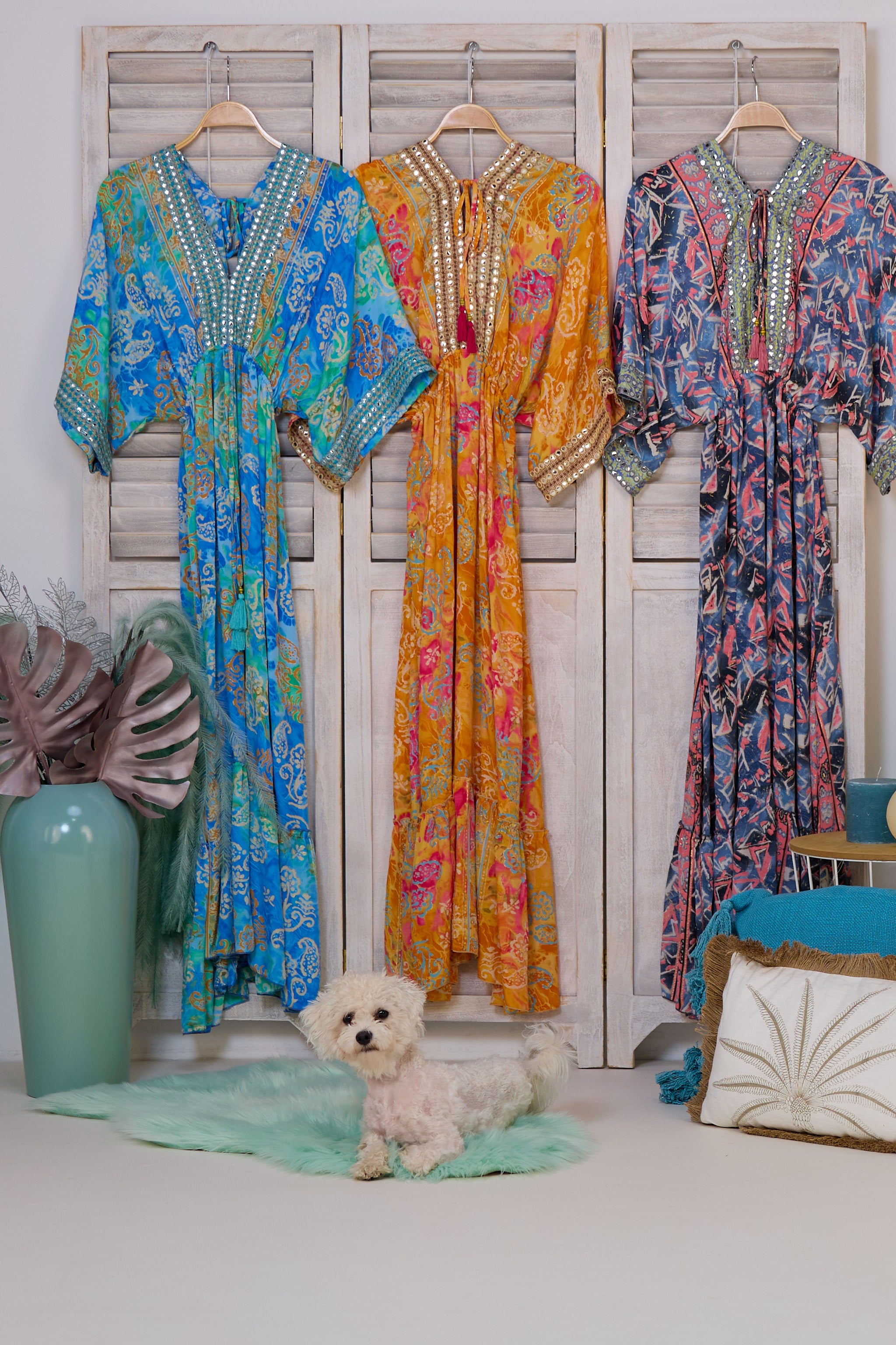 Langes Kleid im Boho-Style, blau-grün