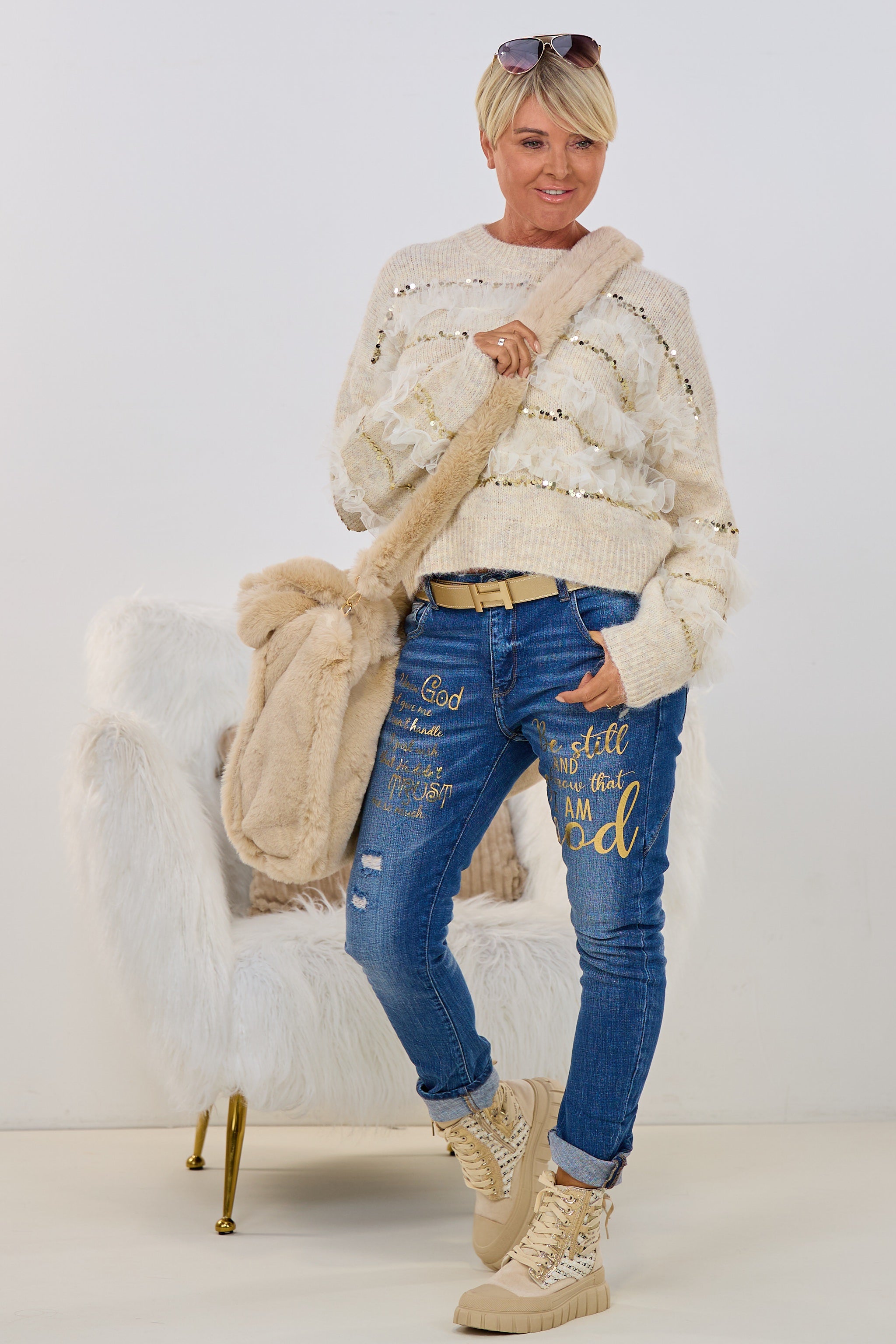 Pulli mit Pailletten und Tüll, beige-gold