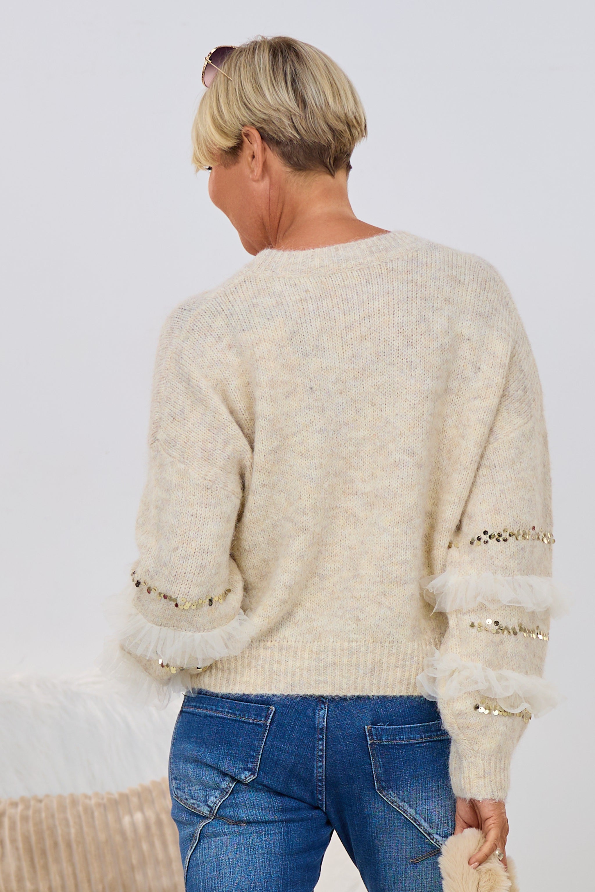 Pulli mit Pailletten und Tüll, beige-gold