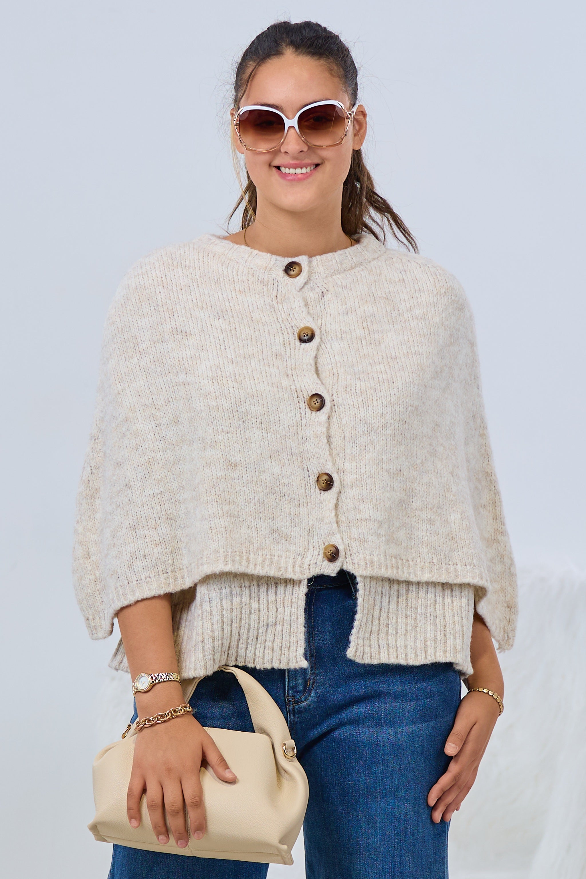 Poncho/Pullover/Jacke mit Knöpfen, beige-meliert