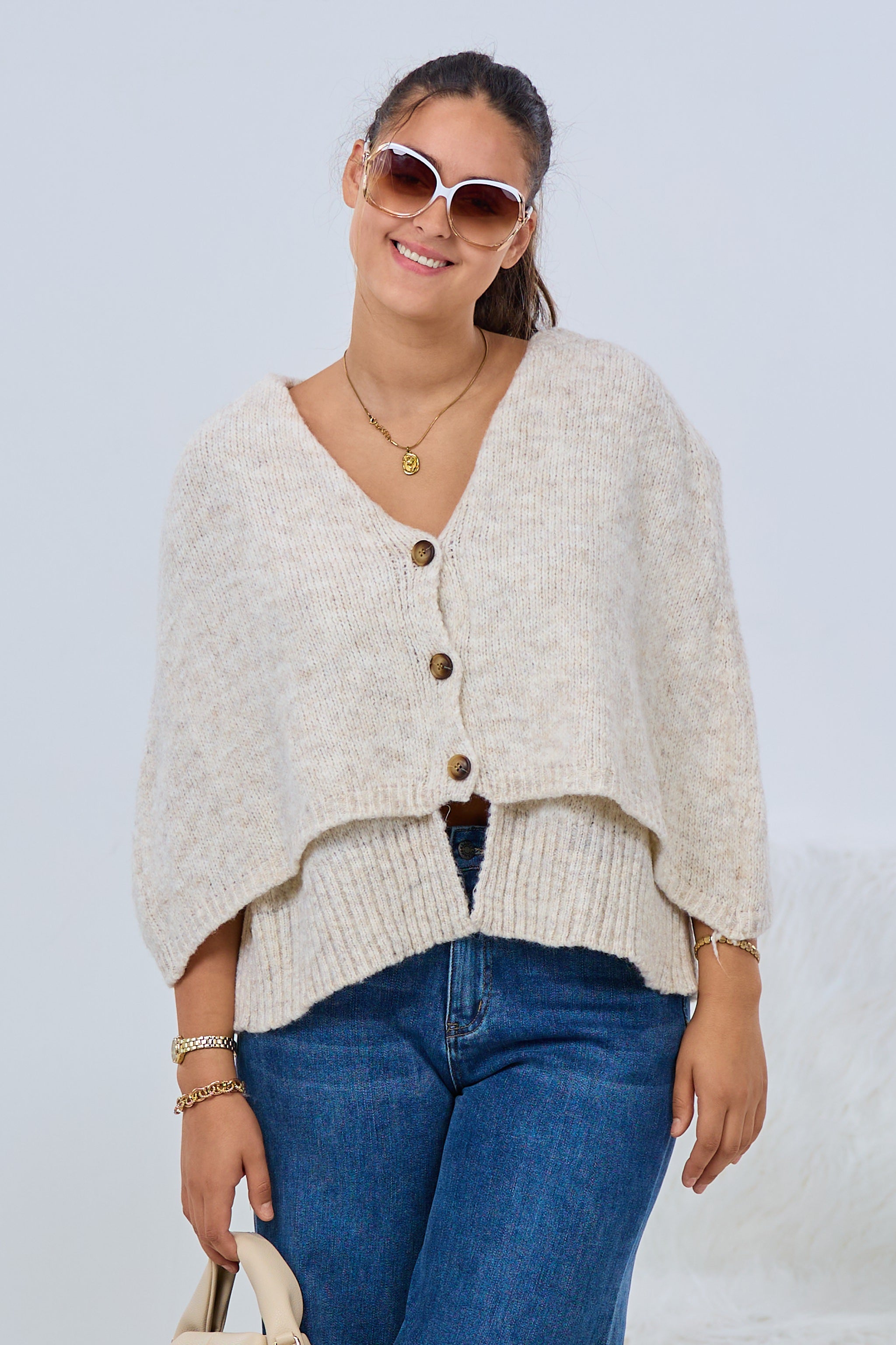 Poncho/Pullover/Jacke mit Knöpfen, beige-meliert