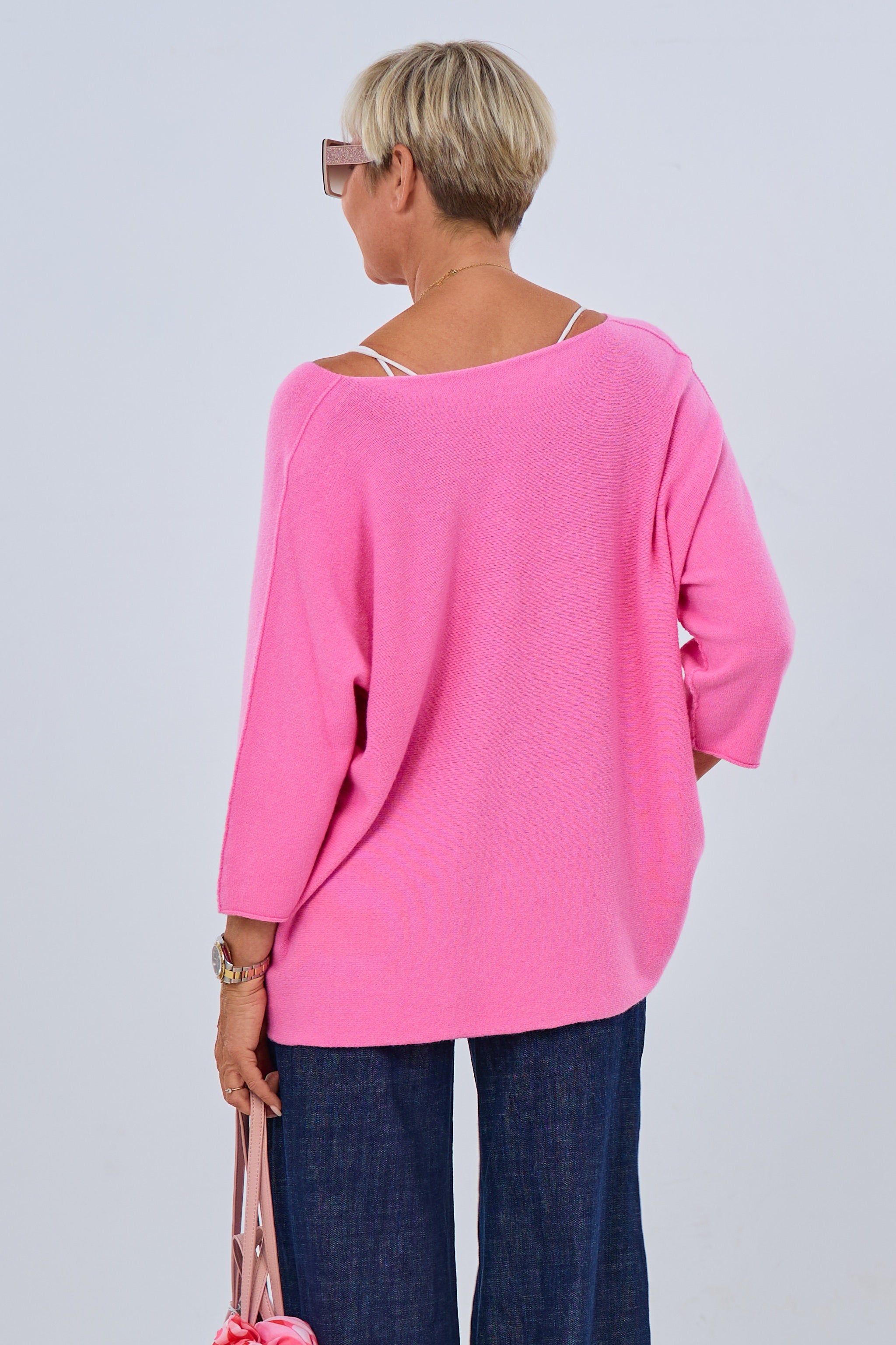 Strickpulli quergestrickt mit V-Ausschnitt, candy rosa