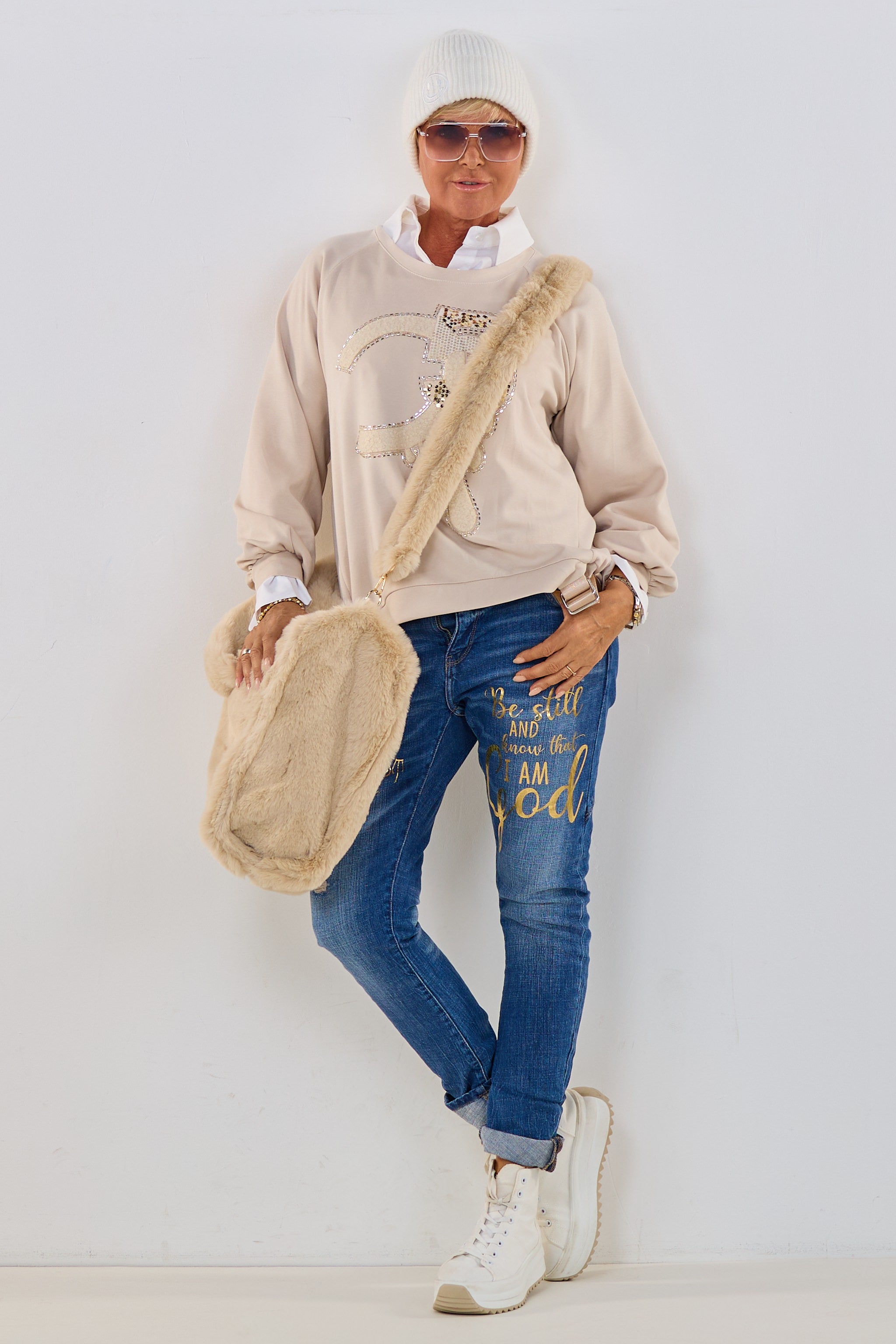Langarm Shirt mit Glitzermotiv, beige