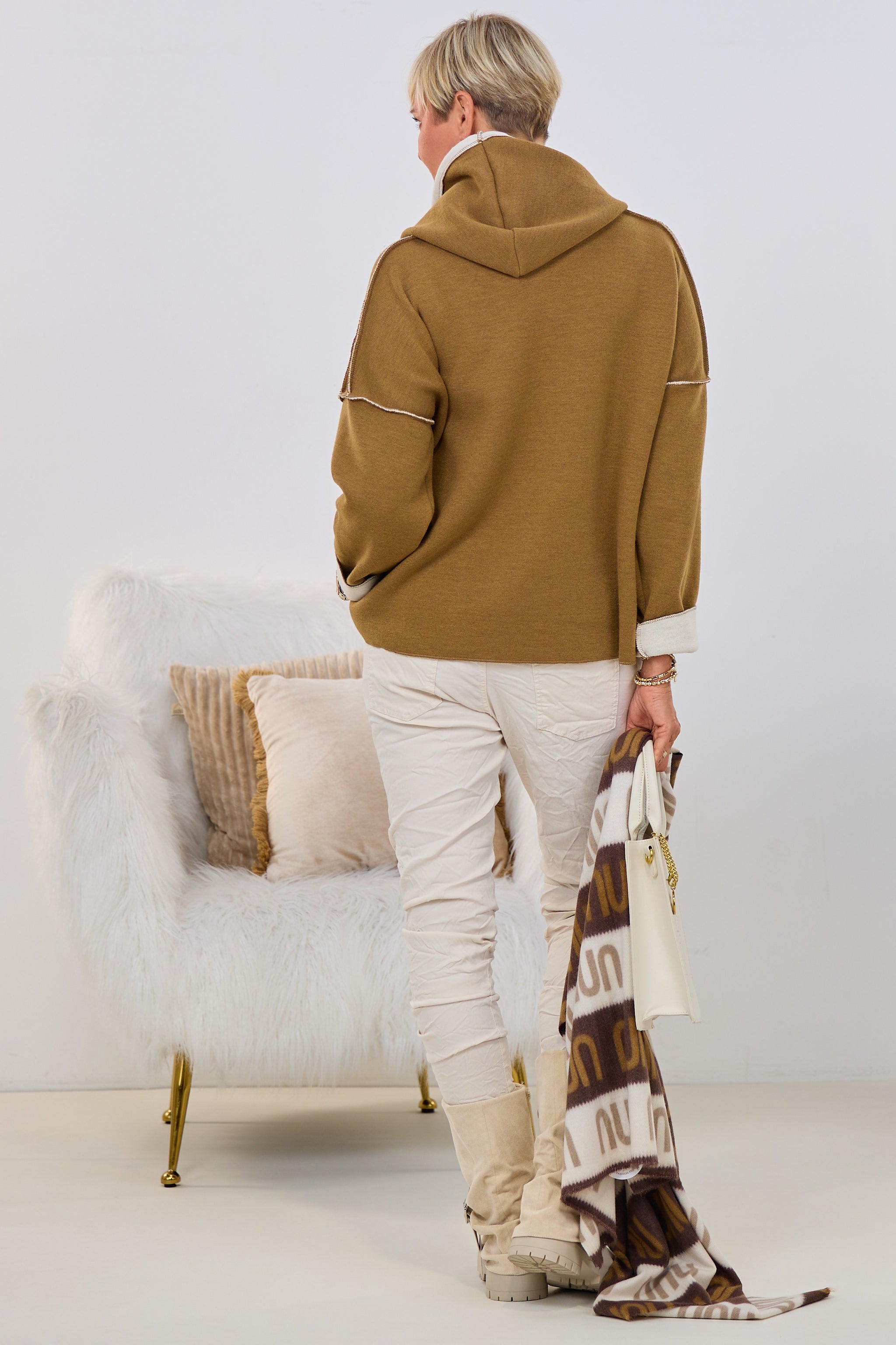 Feinstrick-Hoodie Norderney bicolor, camel-creme