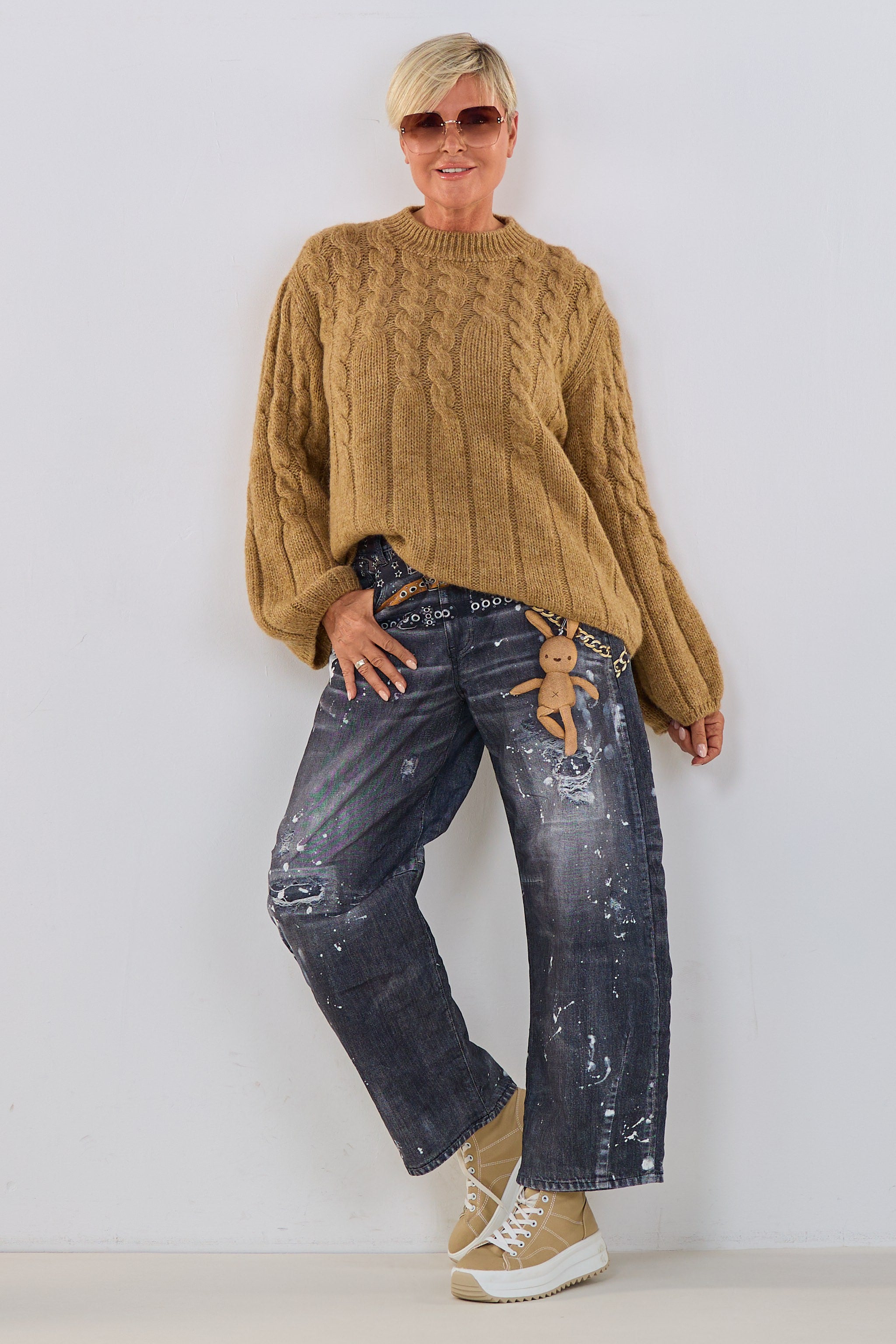 Strickpulli mit Zopfstrickmuster, camel