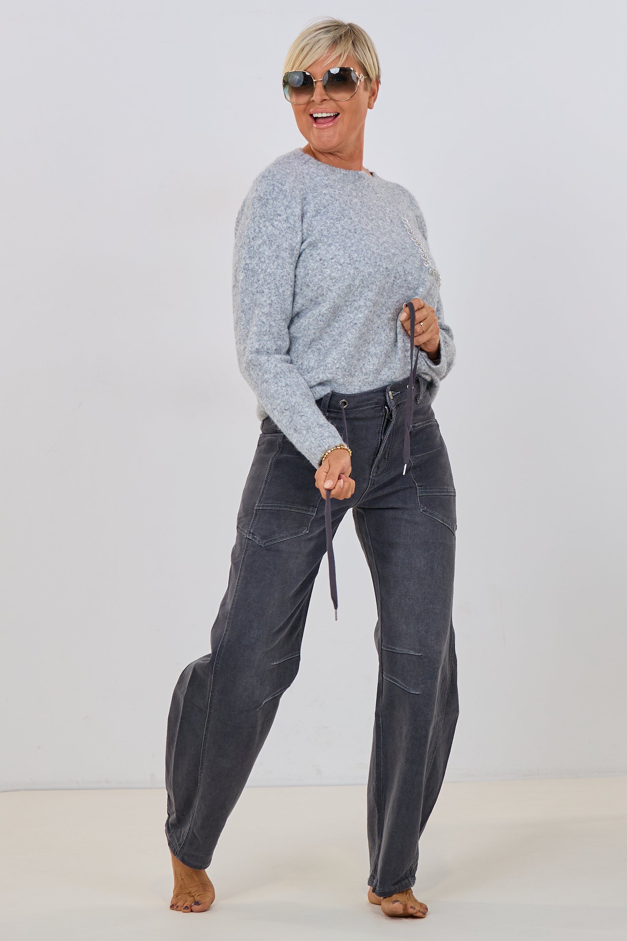 Mid Waist Balloon-Jeans mit Kordelzug, anthrazit