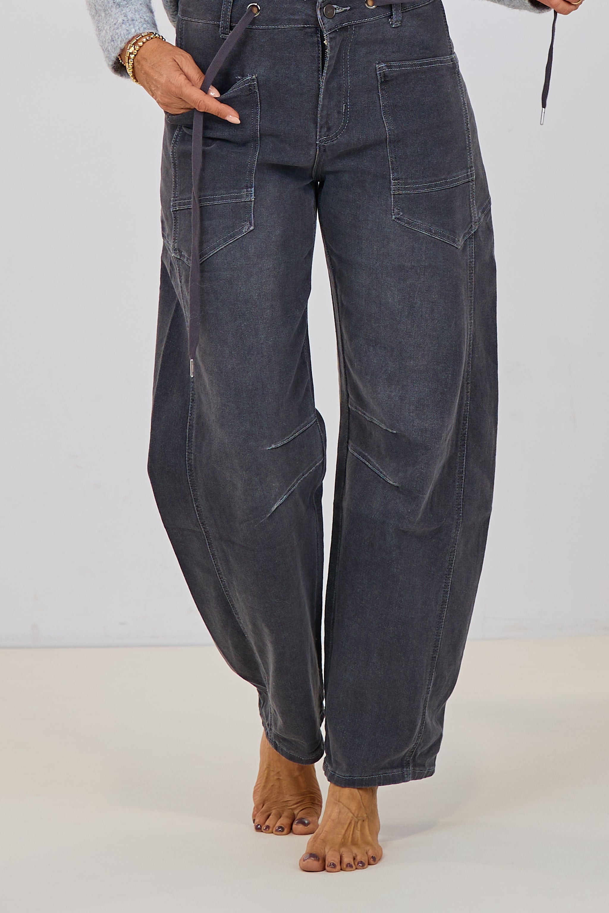 Mid Waist Balloon-Jeans mit Kordelzug, anthrazit
