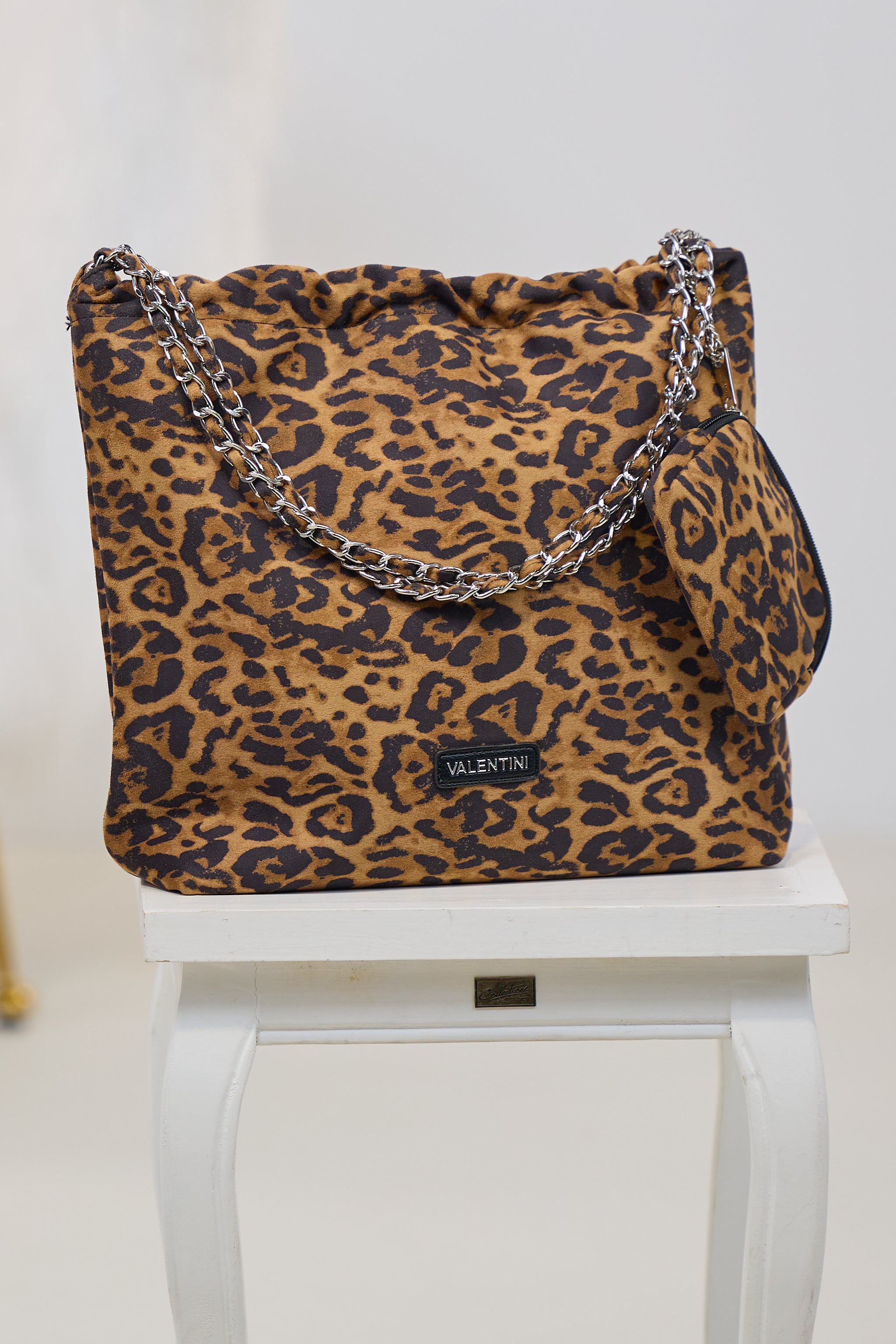Tasche im Leo-Design mit Kettengurt, braun-schwarz