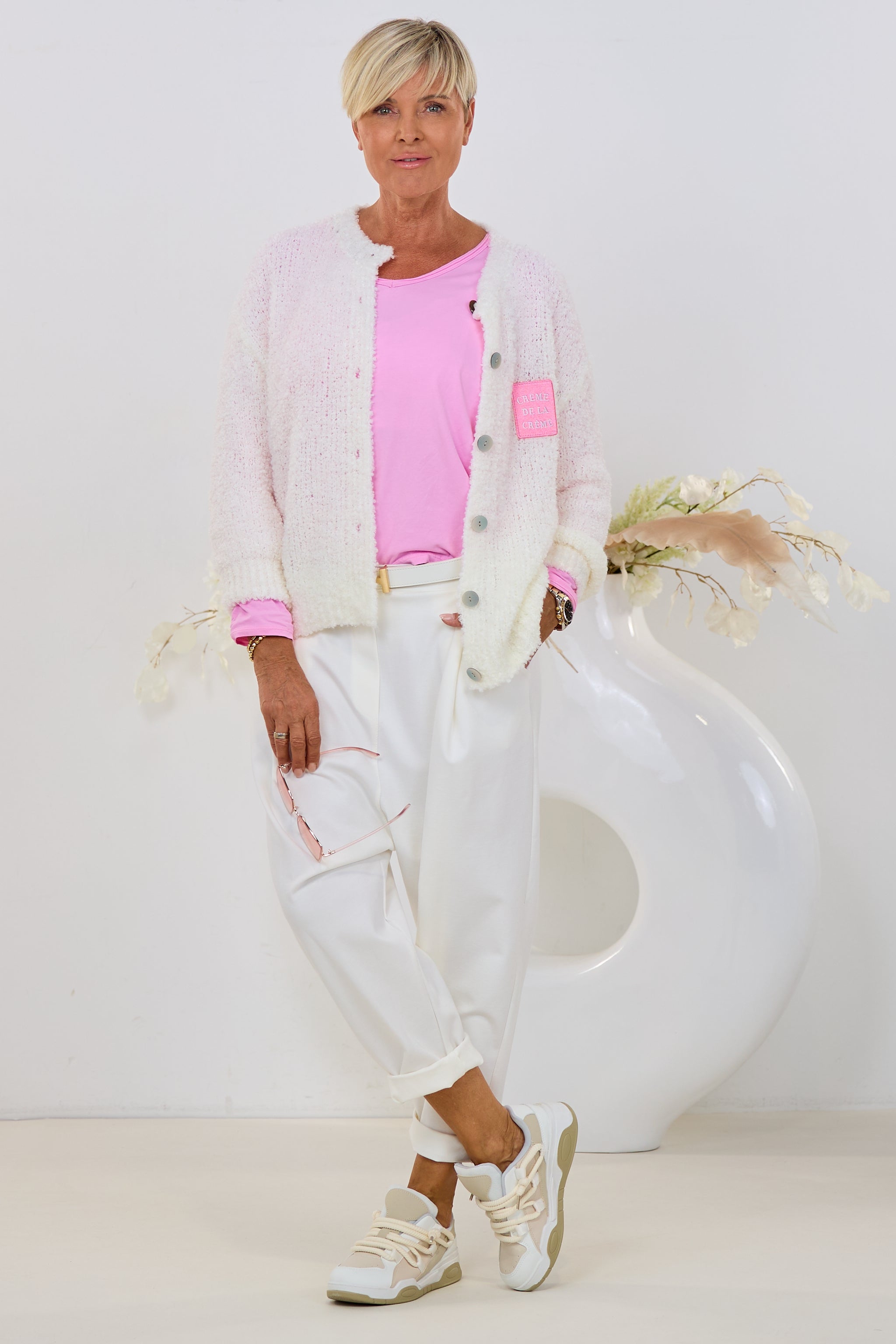 Weicher Bouclé Cardigan mit Patch, ecru