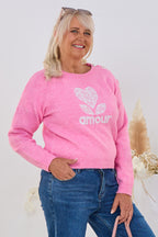 Strickpulli amour mit Blumenknöpfen, rosa-melliert