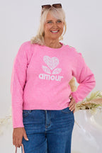 Strickpulli amour mit Blumenknöpfen, rosa-melliert