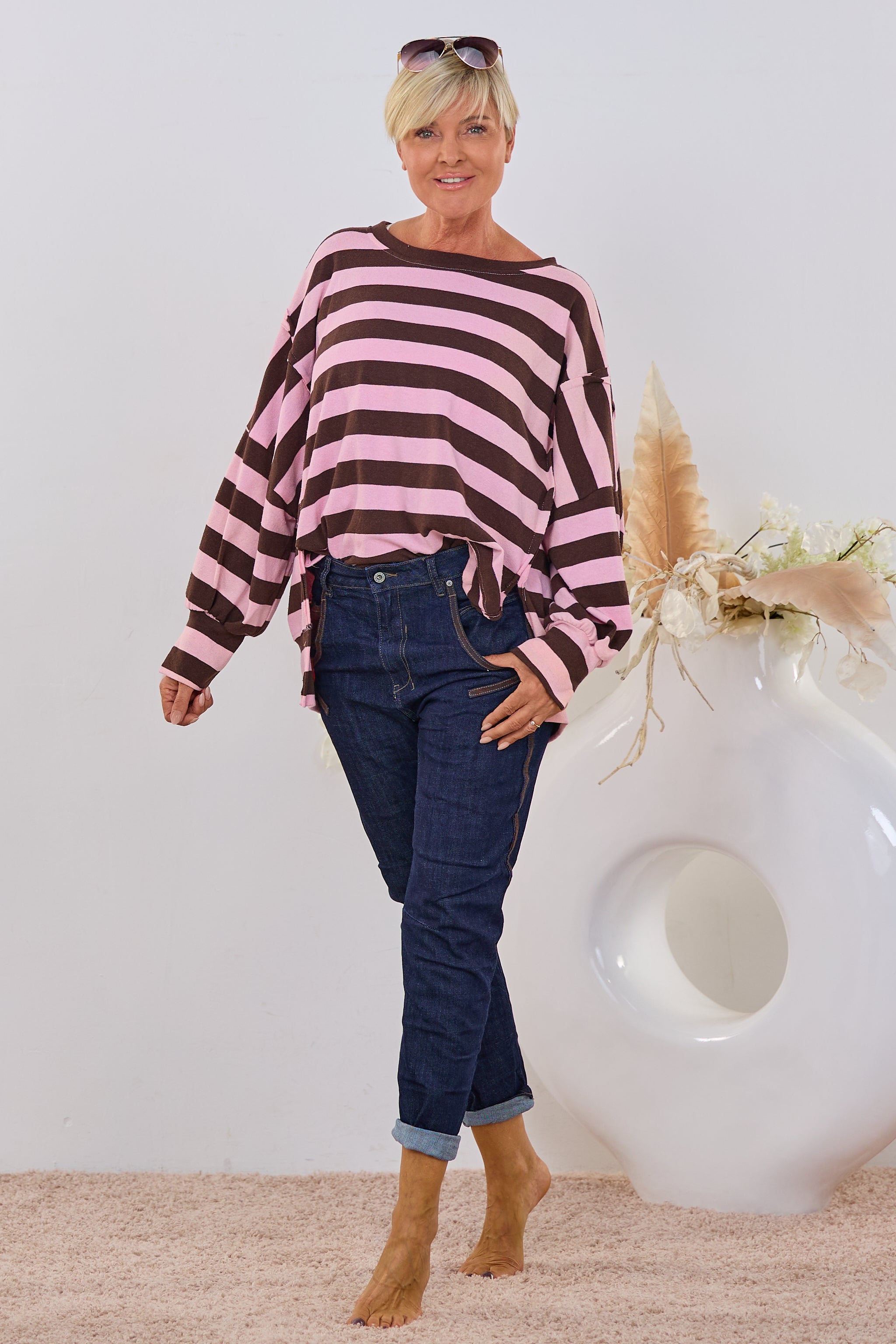 Highwaist Jeans braunen Zierstreifen, dark denim